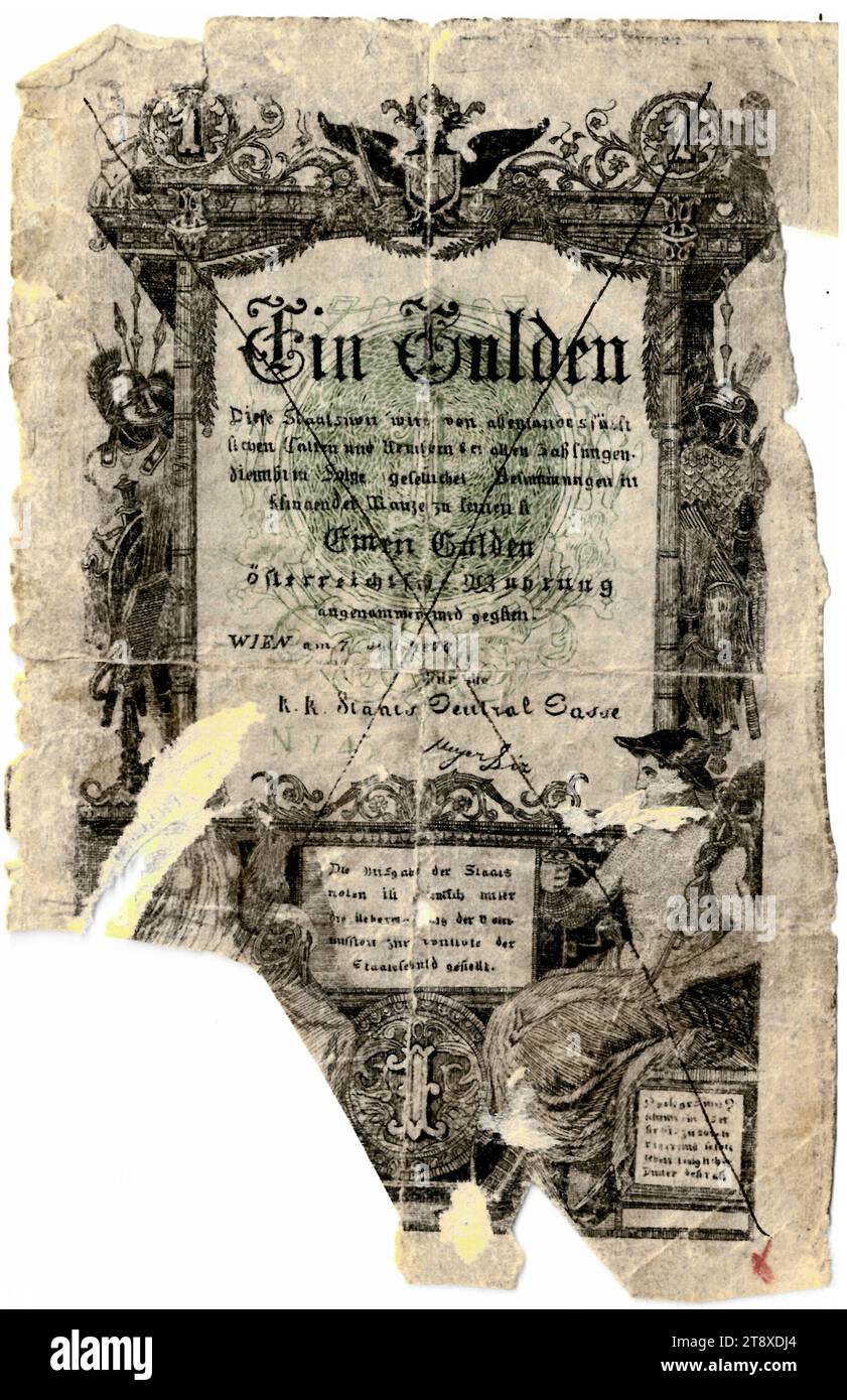 Staatsnote (Fälschung), 1 Gulden, K. K. Staats-Central-Casse, mint authority, Date after 07.07.1866, paper, printing, height 119 mm, width 77 mm, Mint, Wien, Mint territory, Österreich, Kaiserreich (1804-1867), Finance, counterfeit, forgery, specific aspects, allegorical aspects of Mercury; Mercury as patron, coat of arms (as symbol of the state, etc.), bank-note, allegory, money, The Vienna Collection Stock Photo