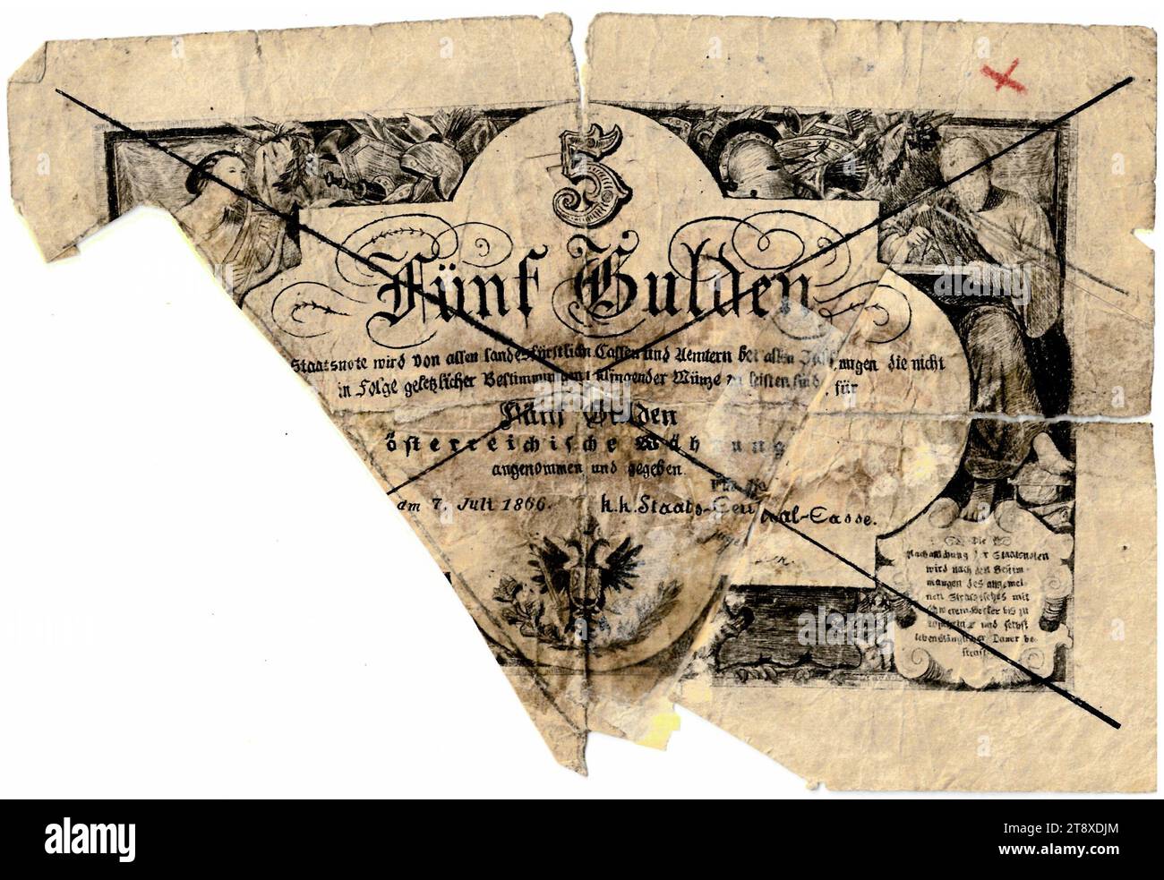 Staatsnote (Fälschung), 5 Gulden, K. K. Staats-Central-Casse, mint authority, Date after 07.07.1866, paper, printing, width 72 mm, height 89 mm, Mint, Wien, Mint territory, Österreich, Kaiserreich (1804-1867), Finance, counterfeit, forgery, coat of arms (as symbol of the state, etc.), bank-note, money, The Vienna Collection Stock Photo