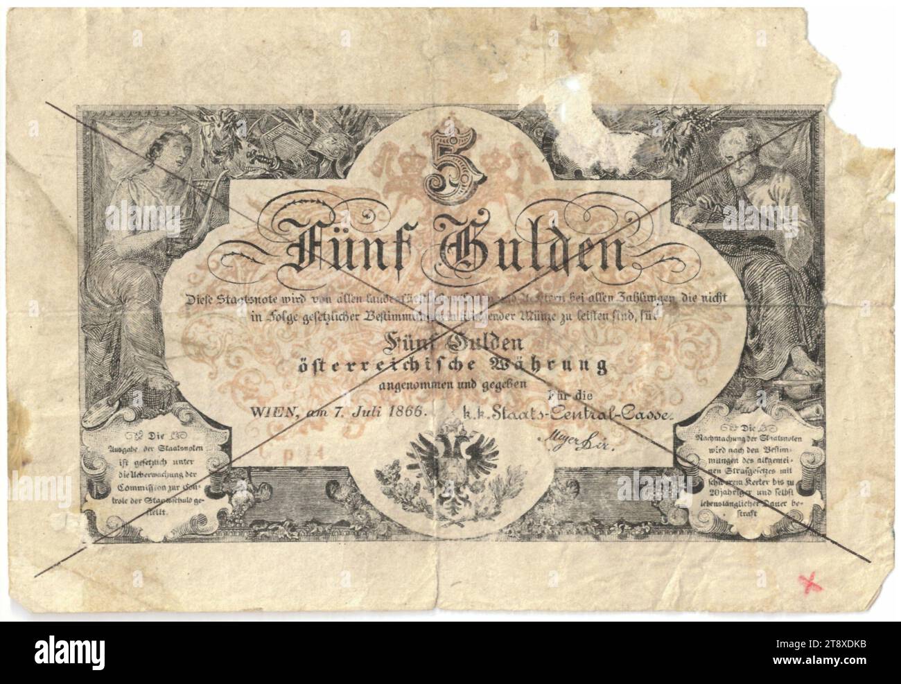 Staatsnote (Fälschung), 5 Gulden, K. K. Staats-Central-Casse, mint authority, Date after 07.07.1866, paper, printing, width 135 mm, height 93 mm, Mint, Wien, Mint territory, Österreich, Kaiserreich (1804-1867), Finance, counterfeit, forgery, coat of arms (as symbol of the state, etc.), bank-note, money, The Vienna Collection Stock Photo
