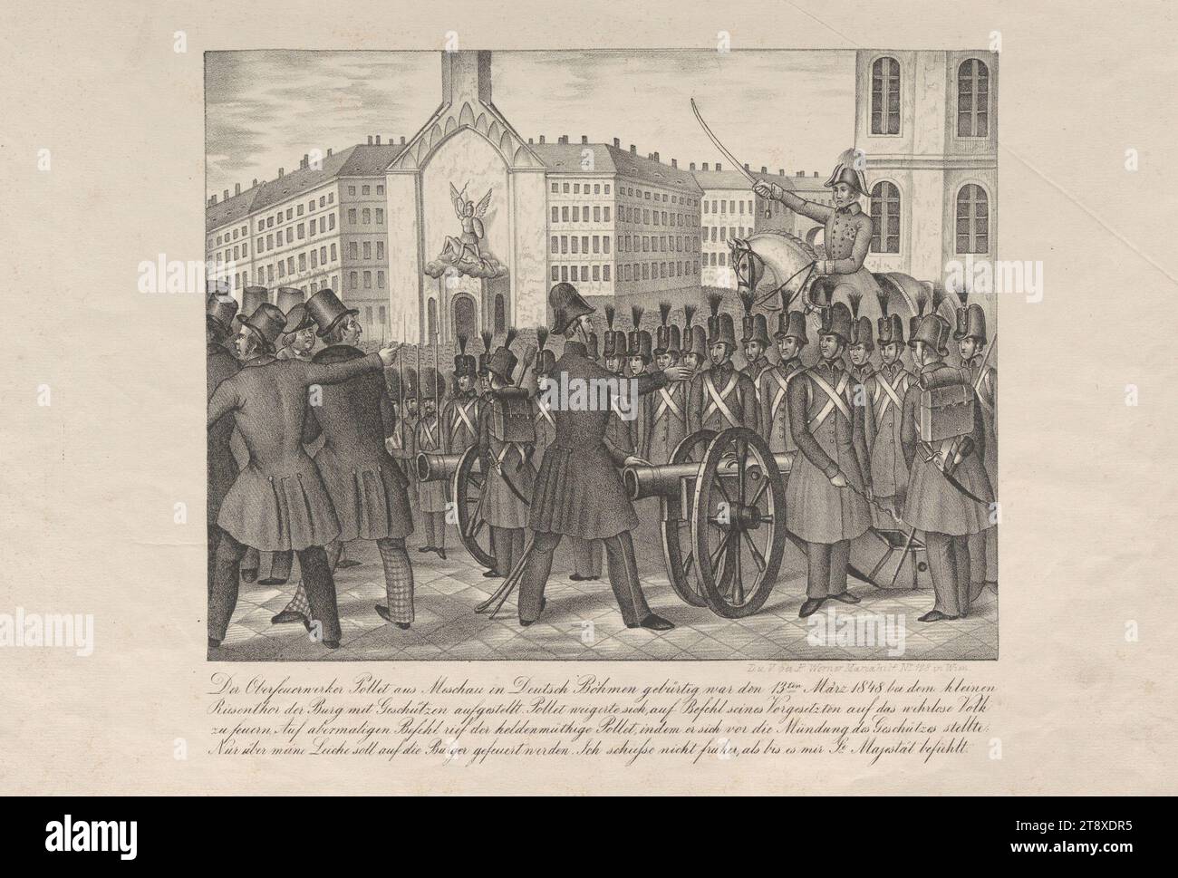 The Oberfeuerwerker Johann Pollet refuses to shoot at the people on March 13, 1848, Franz Werner, publisher, 1848, paper, chalk-manner lithograph, height 27, 3 cm, width 40 cm, Military, Fine Arts, Revolutions of 1848, 1849, 1st District: Innere Stadt, the soldier; the soldier's life, The Vienna Collection Stock Photo