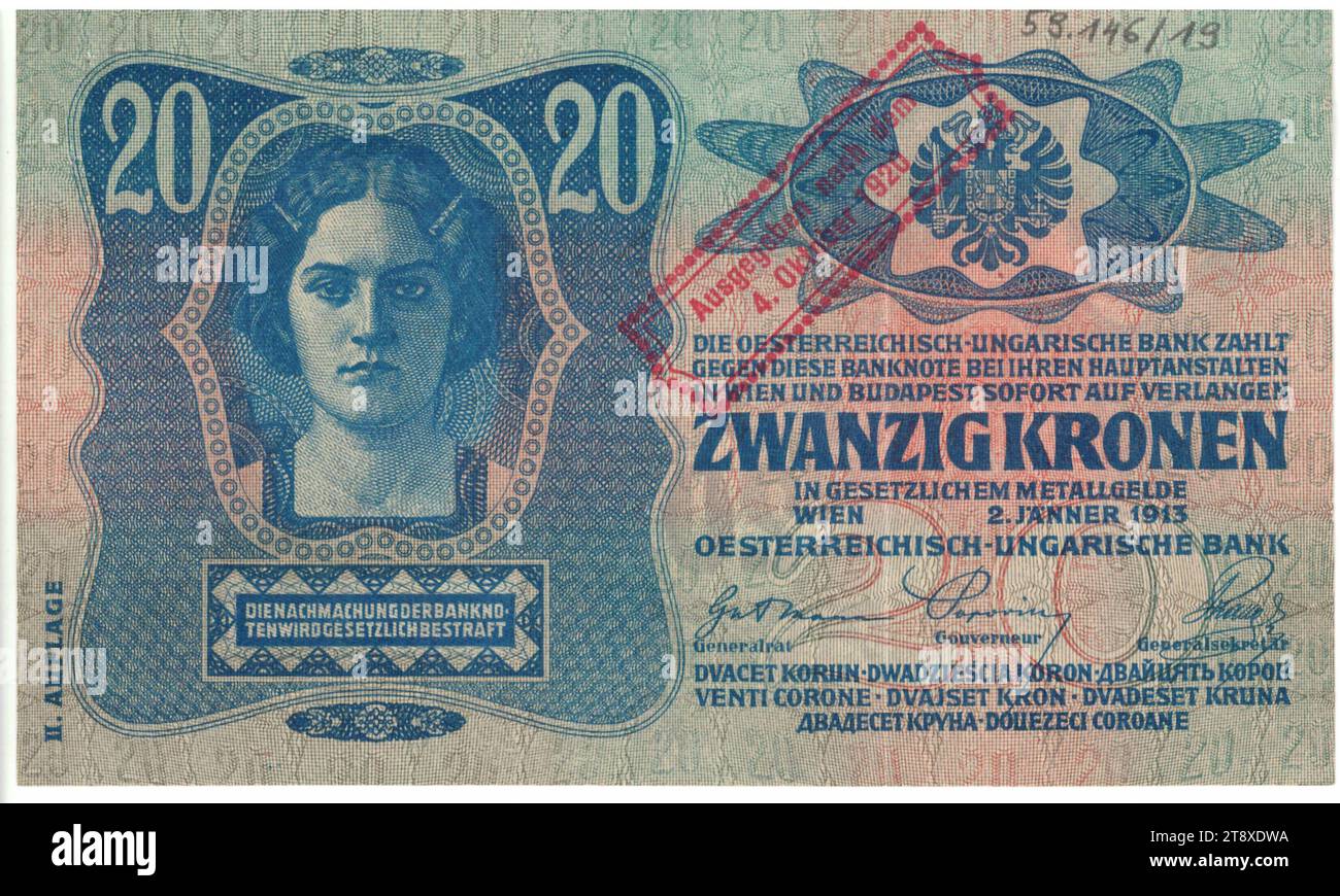 Banknote, 20 Crowns, Austro-Hungarian Bank, mint authority, Josef Pfeiffer (1864-1915), Artist, 02.01.1913, paper, printing, width 150 mm, height 90 mm, Mint, Vienna, Mint territory, Austria, 1st Republic (1918-1933), The First Republic, Finance, coat of arms (as symbol of the state, etc.), woman, bank-note, money, The Vienna Collection Stock Photo