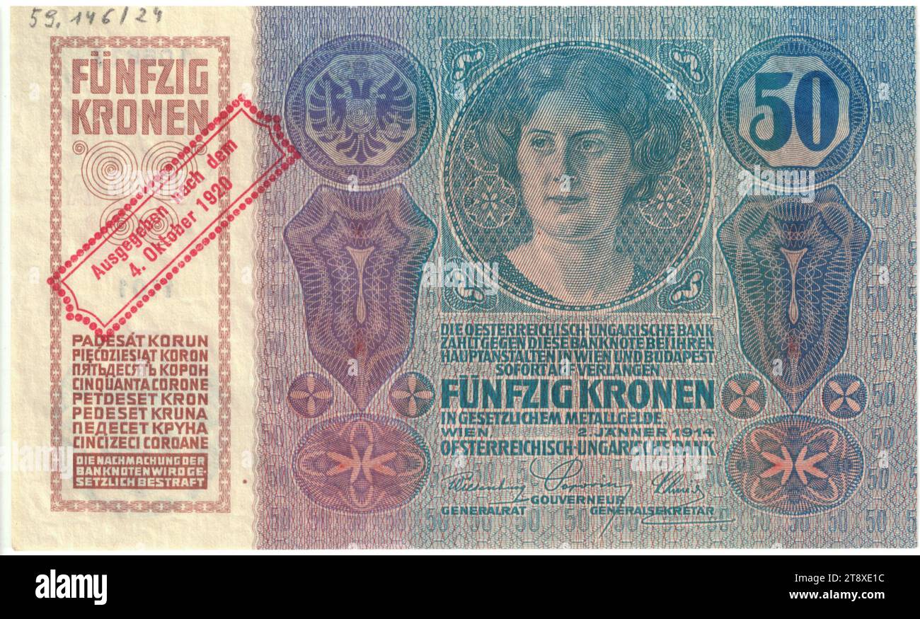 Banknote, 50 Kronen, Österreichisch-ungarische Bank, mint authority, Josef Pfeiffer (1864-1915), Artist, 02.01.1914, paper, printing, height 101 mm, width 164 mm, Mint, Wien, Mint territory, Österreich, 1. Republik (1918-1933), The First Republic, Finance, coat of arms (as symbol of the state, etc.), woman, bank-note, money, The Vienna Collection Stock Photo