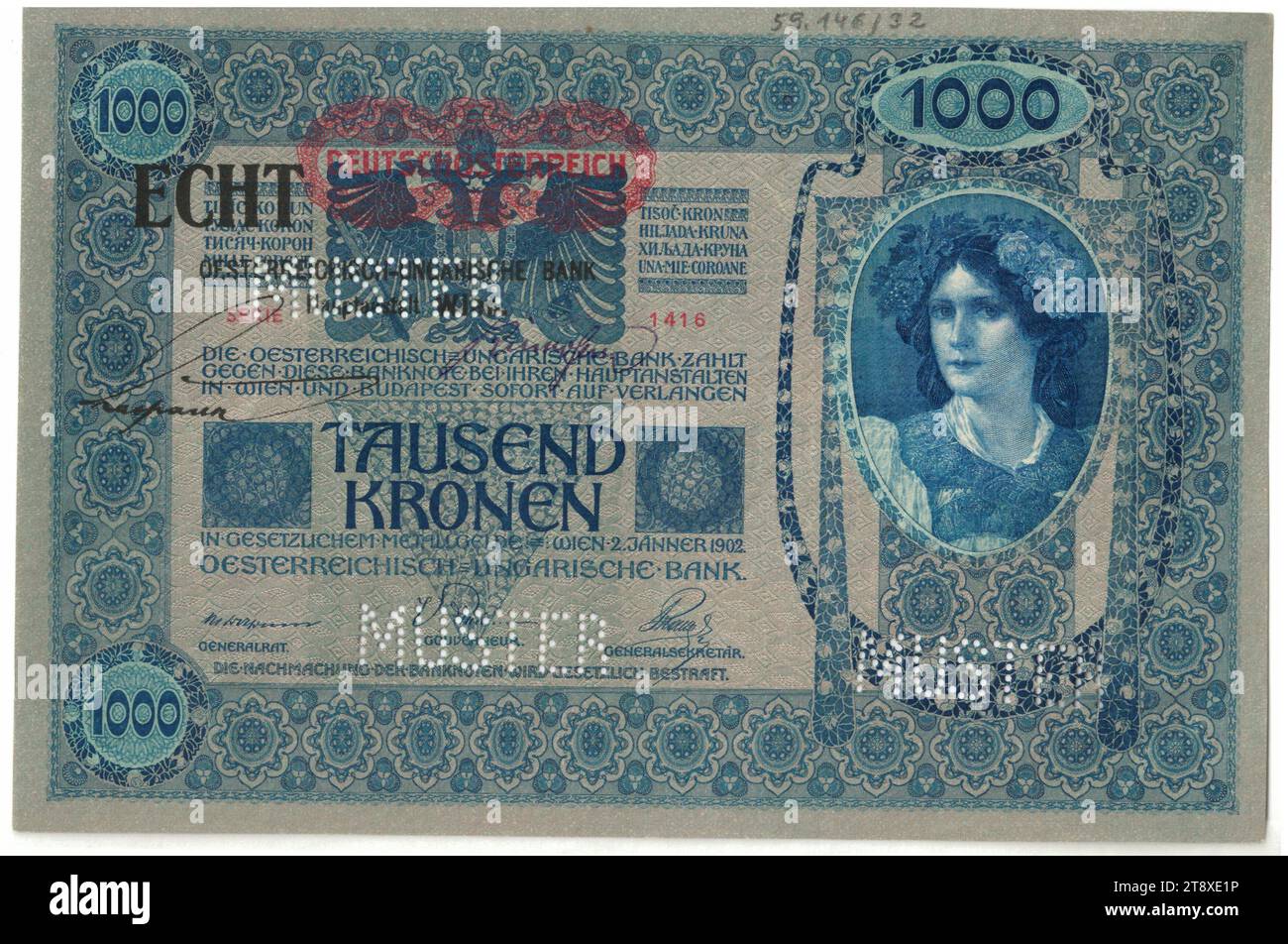 Banknote (specimen), 1000 Kronen, Rudolf Rössler (1864-1934), Artist, Heinrich Lefler (1863-1919), Artist, Österreichisch-ungarische Bank, mint authority, 02.01.1902-1935, paper, printing, height 128 mm, width 194 mm, Mint, Vienna, Mint territory, Austria, 1st Republic (1918-1933), The First Republic, Finance, woman, bank-note, money, The Vienna Collection Stock Photo