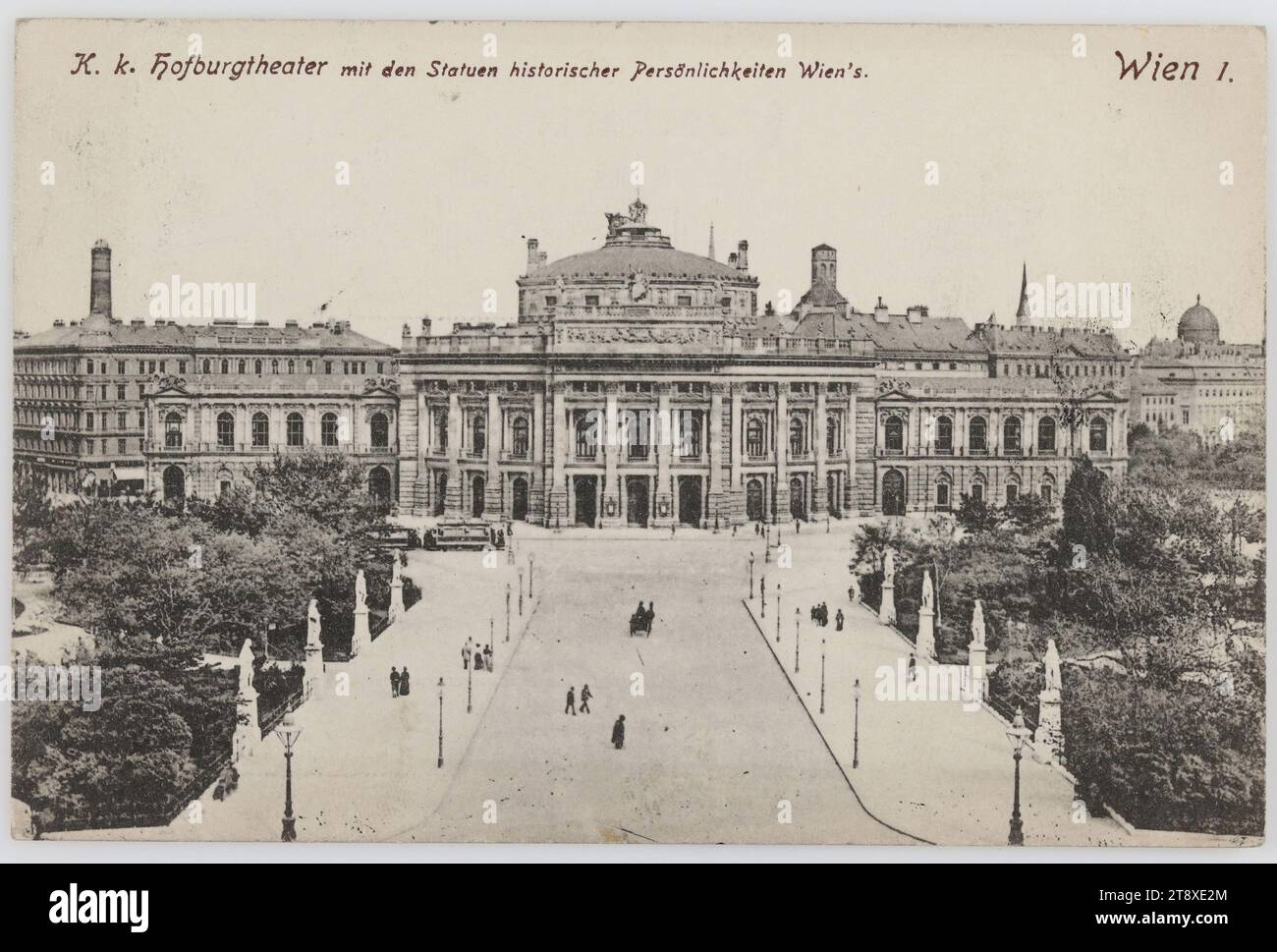 Vienna I. K. k. Hofburgtheater with the statues of historical personalities of Vienna, Carl (Karl) Ledermann Jr, Producer, 1907, paperboard, Collotype, height×width 9×13, 8 cm, Inscription, FROM, No Ab sender, Postmark 'Wien 64', TO, Vienna, ADDRESS, Mrs, Ing, IV, Radeckgasse 1, MESSAGE, Dearest Dela! Am ready with great pleasure to come tomorrow, if I do not disturb. I'm sorry I didn't write sooner, but since half the family was sick for a change, I didn't know for sure whether I would be able to get away. Now, for the time being, everything is back to the old way Stock Photo