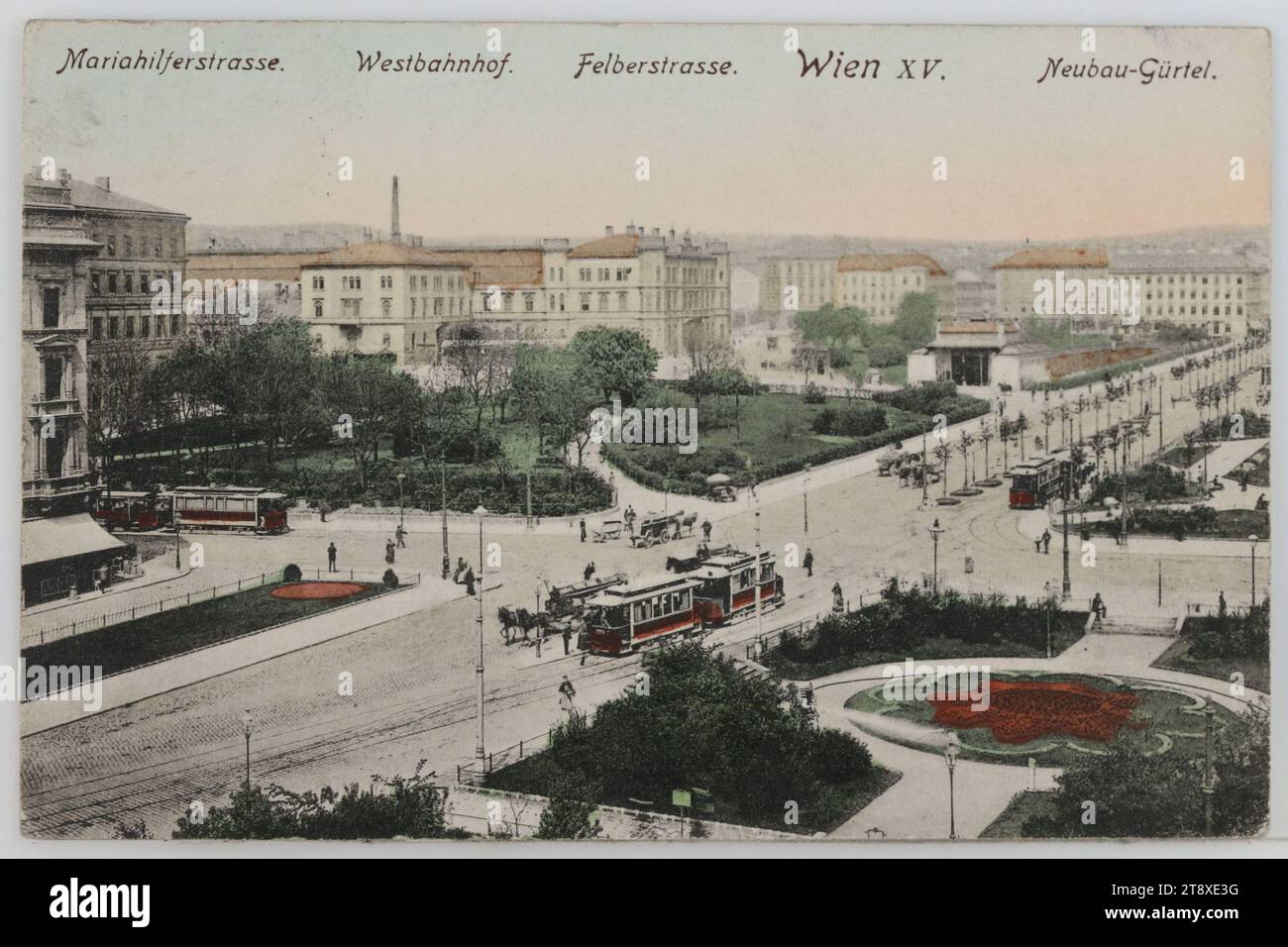 15th, Europaplatz - with Westbahnhof and Stadtbahn stop, picture postcard, Paul Ledermann (1882-1946), Producer, 1909, paperboard, hand colored, Collotype, height×width 9×13, 8 cm, Inscription, FROM, Vienna, TO, Vienna, ADDRESS, Wohlgeboren, Frau, XVII ². Vienna, Zwerngasse 16, MESSAGE, Vienna, Sept. 6, 1909, Dear Adele! Returning from Scheibbs, I found your dear card with the picture of your sweet little one and thank you very much for it, he looks splendid, I am looking forward to seeing him soon. I also thank your dear husband for the successful recording Stock Photo
