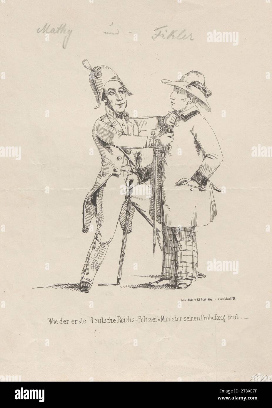 How the first German Reichs=Polizei=Minister thut his Probefang. -(Caricature on the arrest of Joseph Fickler by Karl Mathy on April 8, 1848 in Karlsruhe), Eduard Gustav May (1818-1907), publisher, 1848, paper, pen and ink-manner lithograph, height 30, 5 cm, width 21, 8 cm, Caricature, Satire, Revolutions of 1848, 1849, minister  government, police, The Vienna Collection Stock Photo