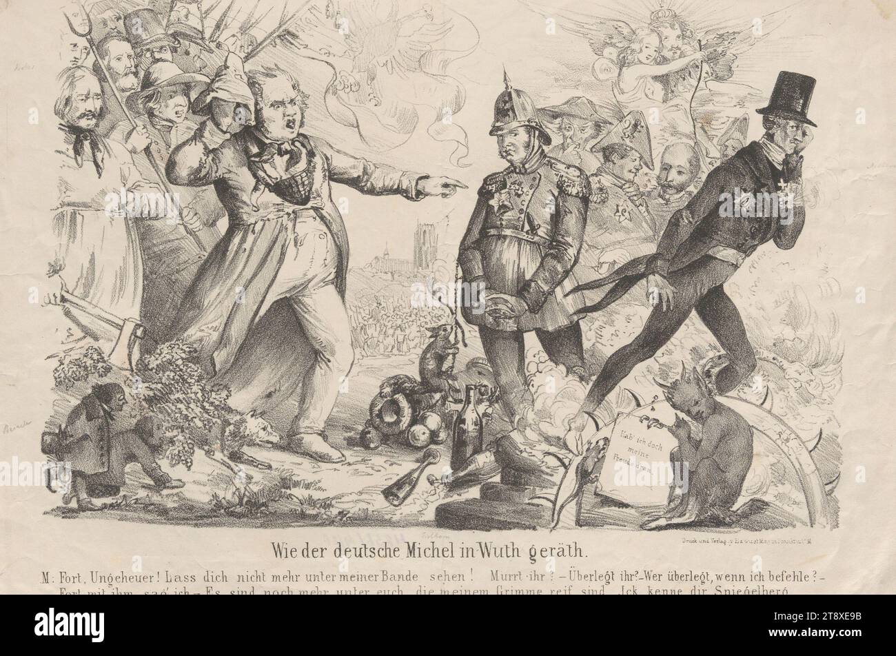 How the German Michel geräth in Wuth.' (Caricature on the Revolution of 1848, among the sitters Metternich, Friedrich Hecker, Ludwig I of Bavaria and Lola Montez), Eduard Gustav May (1818-1907), publisher, 1848, paper, chalk-manner lithograph, height 30, 5 cm, width 43, 9 cm, Caricature, Satire, Politics, Revolutions of 1848, 1849, Pre-March, Biedermeier, minister ~ government, The Vienna Collection Stock Photo