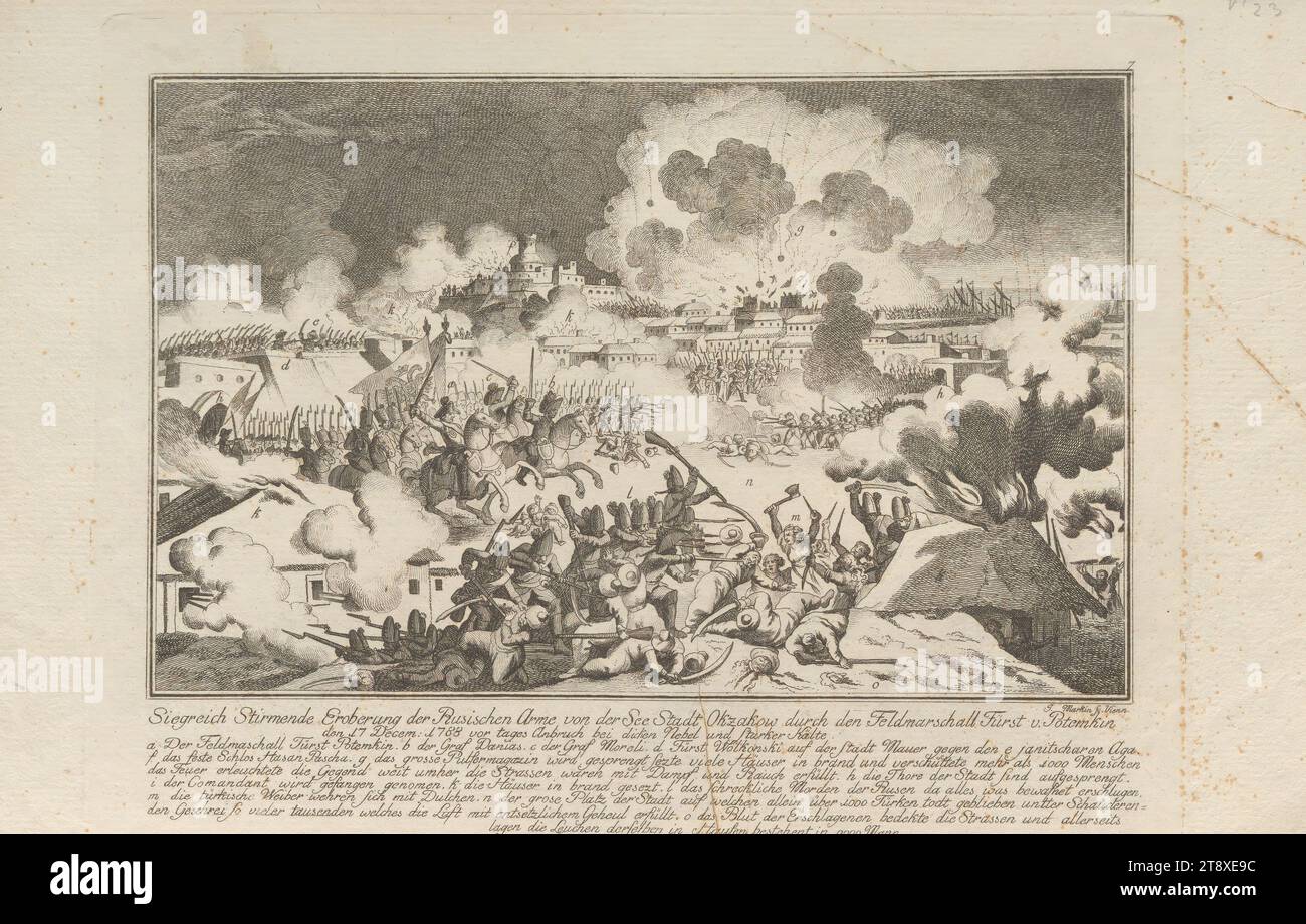 From the series 'Campaign to Turkey April 1788 till the end of 1790': Conquest of Ochakov (Ochakiv on the Black Sea) by Prince Potemkin on December 17, 1788, questionable:, 1788, paper, copperplate engraving, height 26 cm, width 37, 8 cm, plate size 20, 8×28, 9 cm, War and War Events, Military, Fine Arts, battle, fighting in general, the soldier; the soldier's life, city-view, and landscape with man-made constructions, man, The Vienna Collection Stock Photo