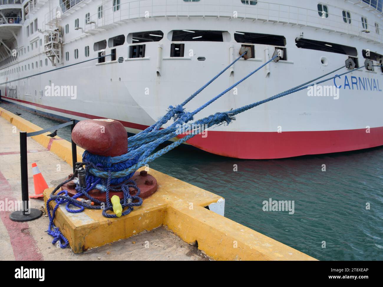 A Cruise Ship Tied To Dock with Two Blue Colored Mooring ropes. A ship ...
