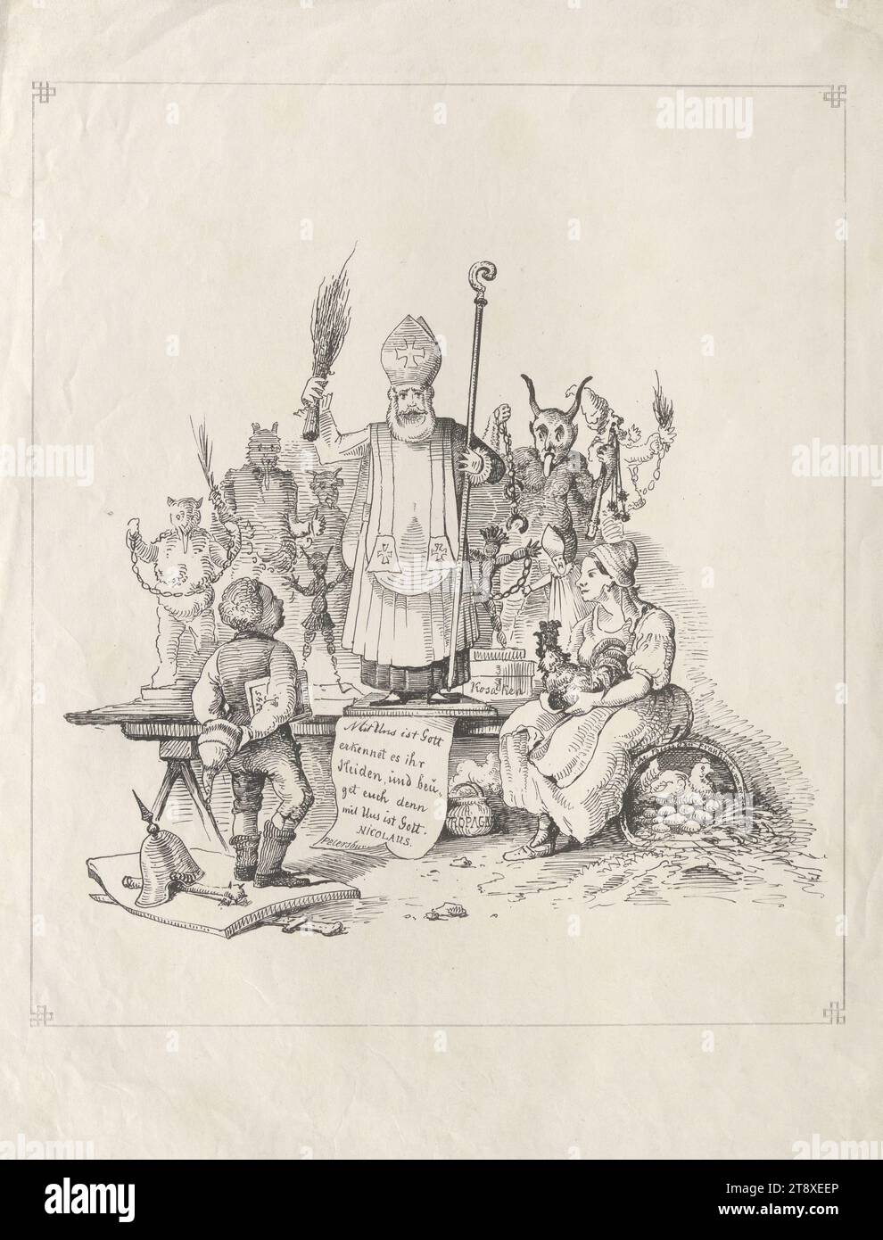 German caricature of Tsar Nicholas I and the Russian attitude to the 1848 revolution, Unknown, 1848, paper, pen and ink-manner lithograph, height 43, 8 cm, width 34, 2 cm, Caricature, Satire, Politics, Revolutions of 1848, 1849, Saint Nicholas, devil(s) and demons, Krampus, king; emperor, ruler, sovereign, The Vienna Collection Stock Photo