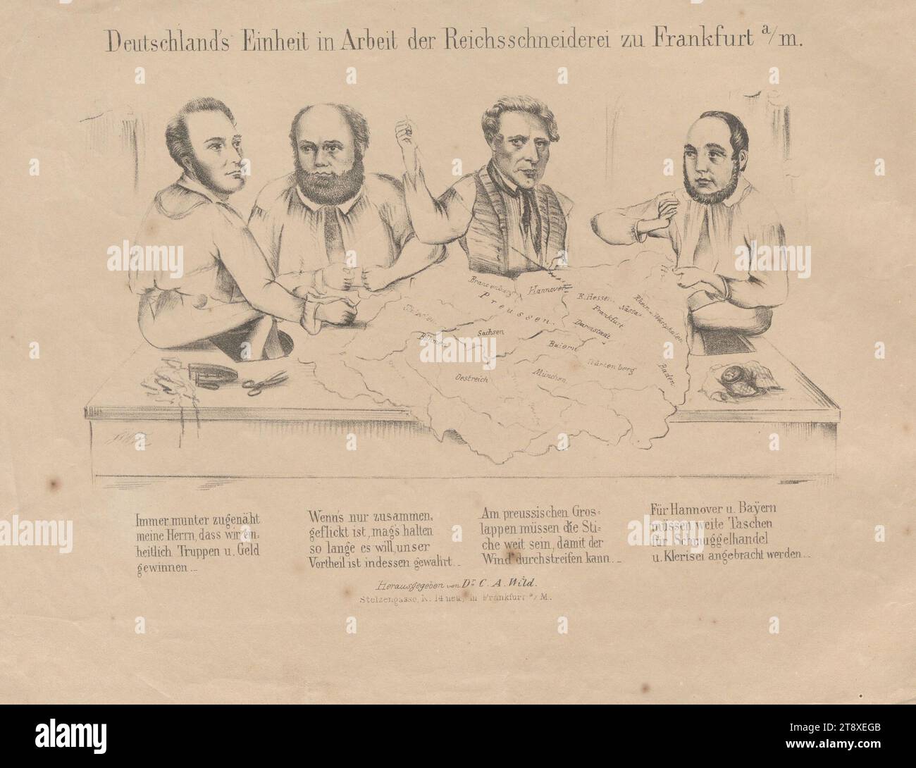 Germany's unity in work of the Reichsschneiderei zu Frankfurt a, m.' (Caricature on the National Assembly in Frankfurt 1848: (The president of the National Assembly Heinrich von Gagern, the vice-president, Alexander von Soiron and two deputies sew Germany together in the form of a map.), C. A. Wild, publisher, 1848, paper, chalk-manner lithograph, height 27 cm, width 34 cm, Caricature, Satire, Revolutions of 1848, 1849, Politics, member of parliament, The Vienna Collection Stock Photo