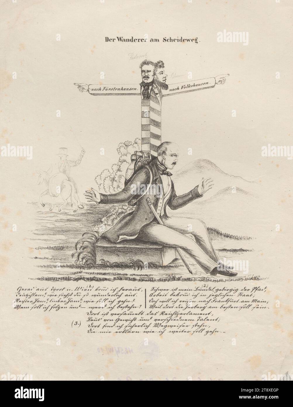 Der Wanderer am Scheideweg.' (Archduke Johann sits at a fork in the road, one signpost with the head of MP Joseph Maria von Radowitz points 'to Fürstenhausen', one with the head of MP Robert Blum points 'to Volkshausen'.), Unknown, 1848, paper, chalk-manner lithograph, height 34.1 cm, width 26.6 cm, Habsburg, Revolutions of 1848, 1849, signpost, The Vienna Collection Stock Photo