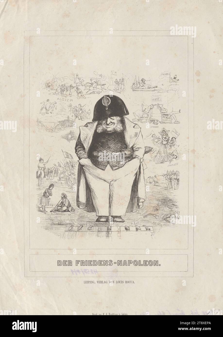 DER FRIEDENS-NAPOLEON' (Caricature on the French King Louis-Philippe, 1848), F. A. Brockhaus, Printer, Louis Rocca, publisher, 1848, paper, pen and ink-manner lithograph, height 39, 2 cm, width 28, 1 cm, Caricature, Satire, Revolutions of 1848, 1849, king; emperor, ruler, sovereign, The Vienna Collection Stock Photo