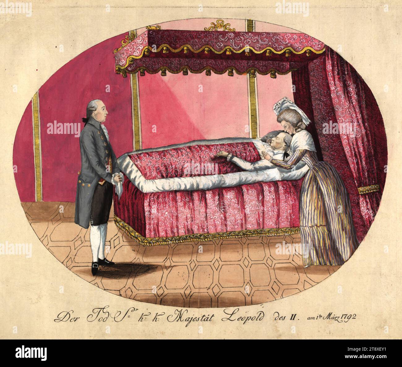 The death of Leopold II on 1. March 1792, Johann Hieronymus Löschenkohl (1753-1807), publishing house, 1792, paper, colorised, copperplate engraving, plate size 36, 2×45, 5 cm, sheet size 38, 5×48, 2 cm, Inscription, Mi. u.: der Tod Sr. K: K: Majestät Leopold des II am 1ten März 1792, Habsburger, Disease and Death, Dynastic Events, Fine Arts, deathbed, The Vienna Collection Stock Photo
