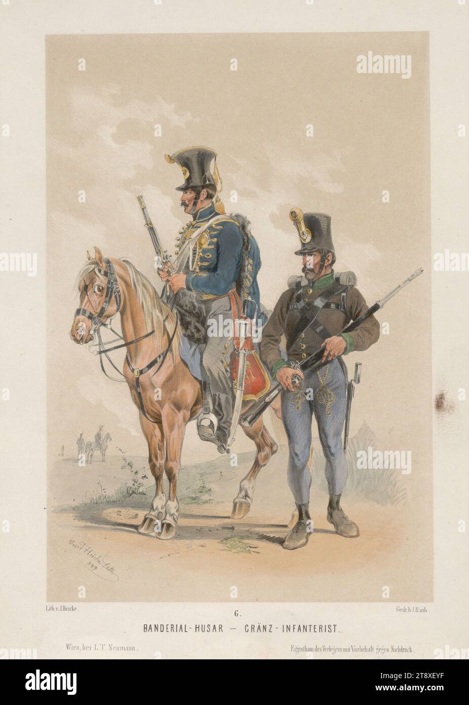 BANDERIAL-HUSAR - GRÄNZ-INFANTERIST.' (in October 1848, from the series 'SERESSANER UND CROATEN gezeichnet von JOS. HEICKE.'), Joseph Heicke (1811-1861), lithographer, Johann Rauh (1803-1863), Printer, Leopold Theodor Neumann (1804-1876), publisher, 1849, paper, colorised, chalk-manner lithograph, height 29, 8 cm, width 21, 7 cm, Military, Fine Arts, Revolutions of 1848, 1849, the soldier; the soldier's life, The Vienna Collection Stock Photo