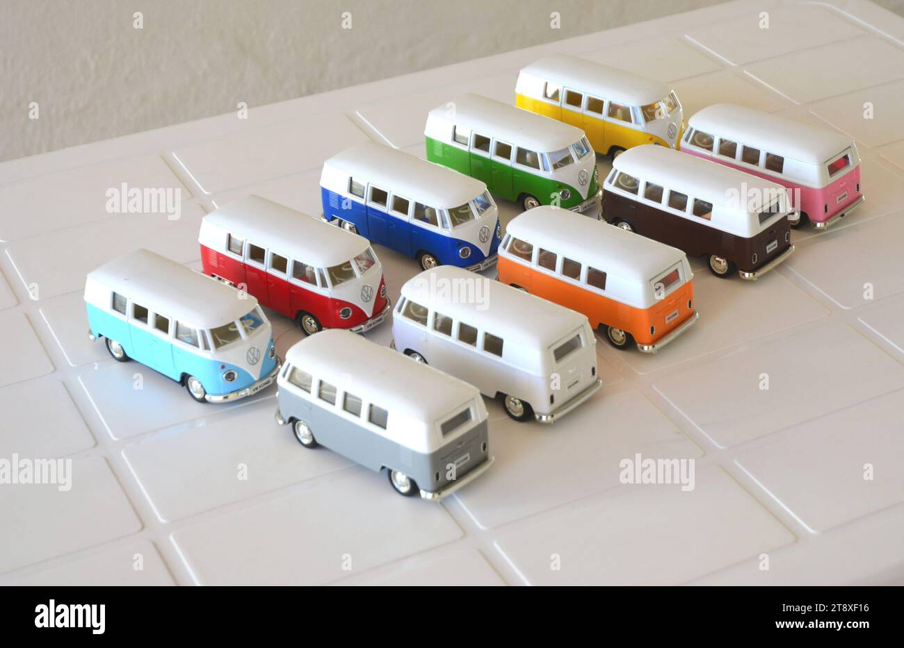 Diecast, Miniature Van, various colors, Brazil, South America, top view, selective focus, white background, white background, copy space Stock Photo