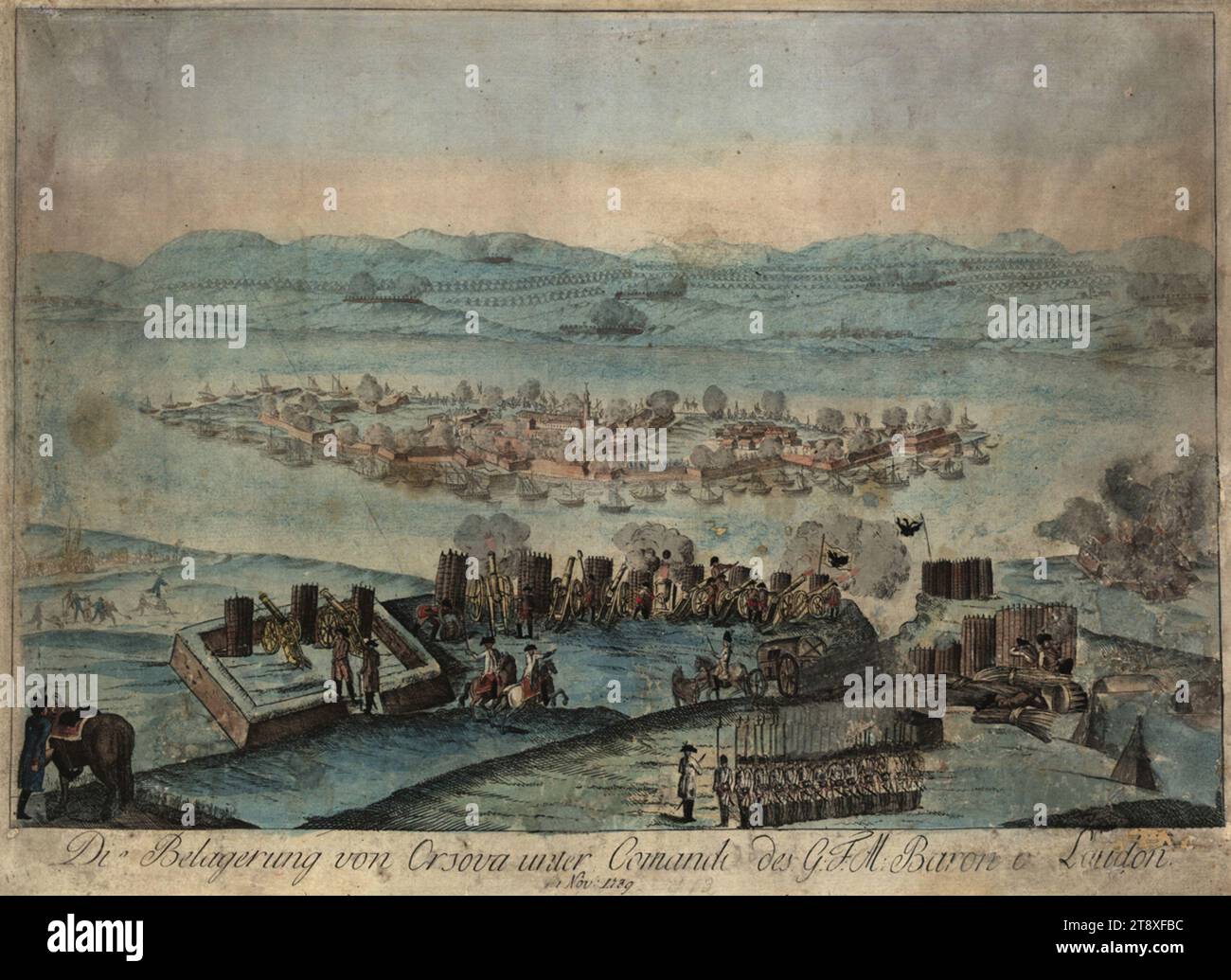 The siege of Orsowa (Orșova) under Field Marshal Laudon in November 1789, Johann Hieronymus Löschenkohl (1753-1807), publishing house, 1789-1790, paper, colorised, copperplate engraving, plate size 30, 3×41, 7 cm, sheet size 30, 7×42, 5 cm, War and War Events, Military, Fine Arts, battle, fighting in general, The Vienna Collection Stock Photo
