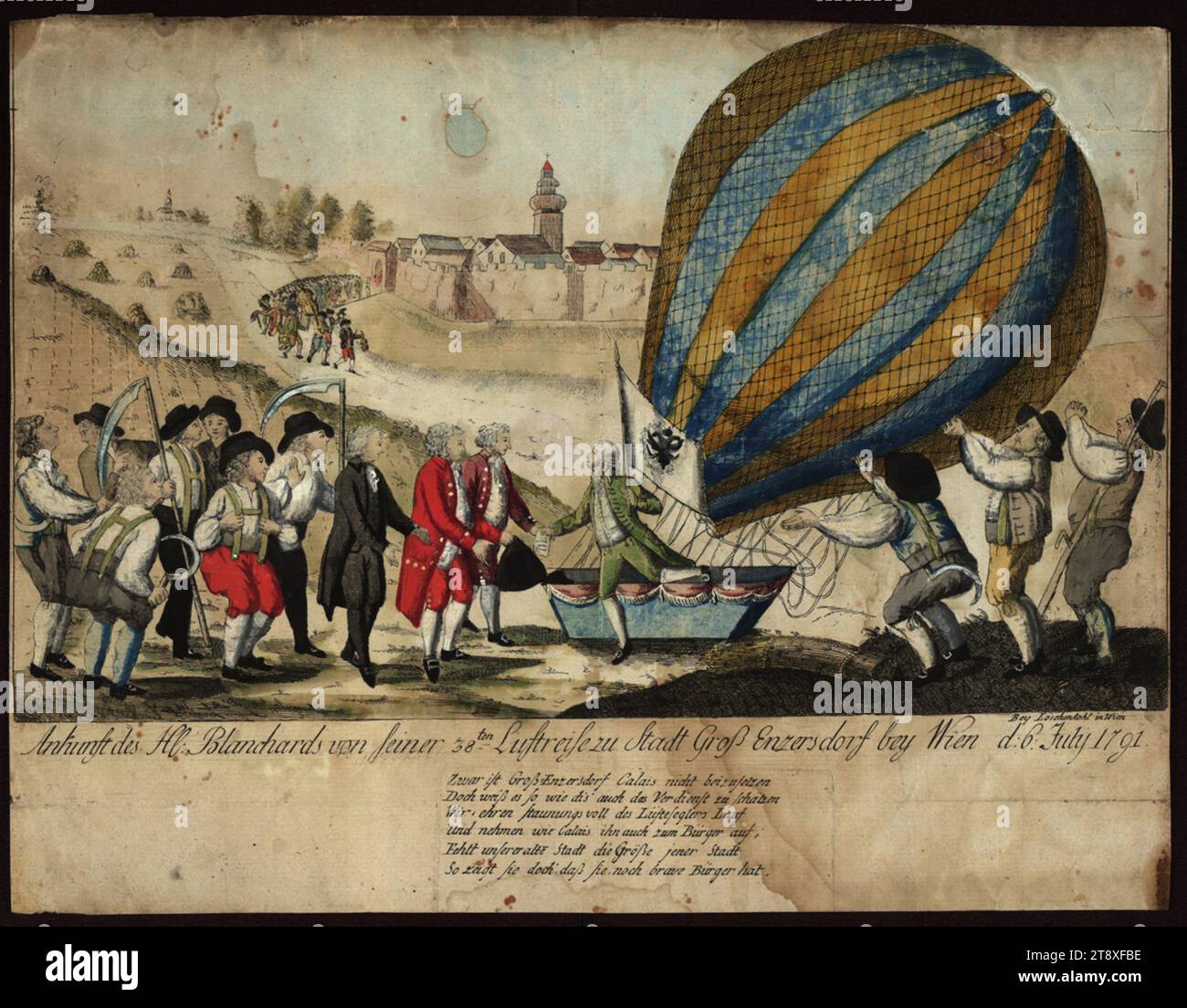 Jean-Pierre Blanchard's arrival from his 38th air journey in Großenzersdorf near Vienna, Johann Hieronymus Löschenkohl (1753-1807), publishing house, 1791, paper, colored, copperplate engraving, sheet size 26×33, 5 cm, Inscription, r. u.: Bey Löschenkohl in Vienna; Mi. u.: Arrival of H: Blanchard from his 38th air journey to town Groß Enzersdorf bey Wien d: 6: July 1791. Groß Enzersdorf is not to be compared with Calais, but it appreciates the merit as well as dis', We honor with astonishment the run of the aeronaut, And like Calais also accept him as a citizen Stock Photo
