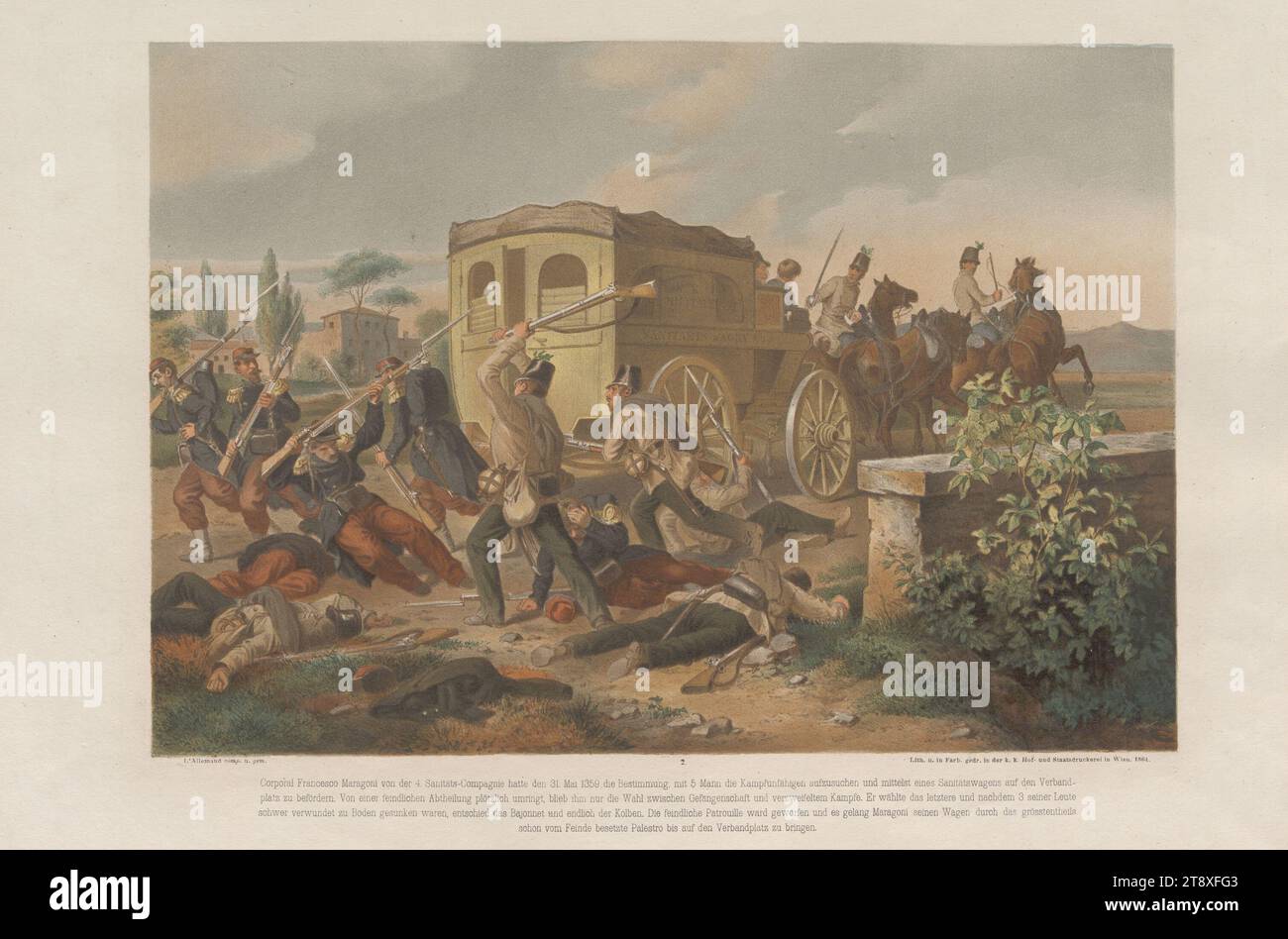 From the series 'Heroic Moves of 1859', No. 2 (2nd series): 'Corporal Francesco Maragoni of the 4th Medical Company ...' (battle near Palestro on May 31, 1859), 1864, paper, color lithography, height 34, 3 cm, width 48, 8 cm, War and War Events, Military, Fine Arts, the soldier; the soldier's life, battle, fighting in general, four-wheeled, animal-drawn vehicle, e.g.: cab, carriage, coach, man, The Vienna Collection Stock Photo