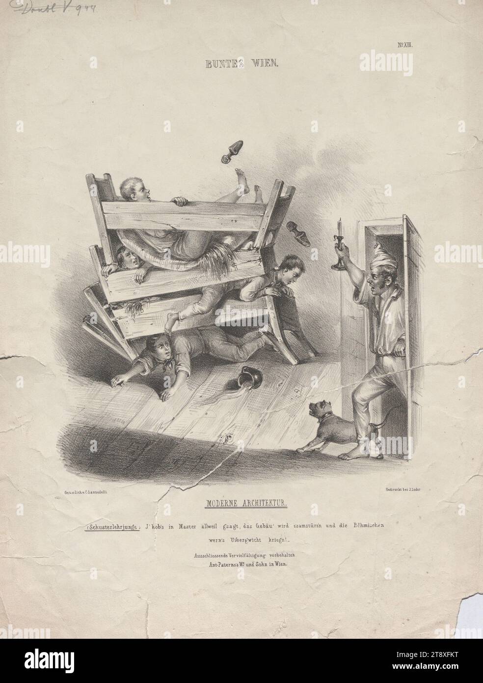 MODERN ARCHITECTURE., I' hob's in Master allweil g'gesagt, das Gebäu' wird z'samstürz'n und die Böhmischen, wern's Uiberg'wicht kriegn (caricature on the nationality conflicts of 1848), Karl (Carl) Lanzedelli (Lancedelli) (Lanzedelly) (1815-1865), lithographer, Jakob Loder, Printer, Anton Paterno's widow, publishing house, 1848, paper, chalk-manner lithograph, height 35, 9 cm, width 27, 2 cm, Caricature, Satire, Politics, Revolutions of 1848, 1849, bed, The Vienna Collection Stock Photo