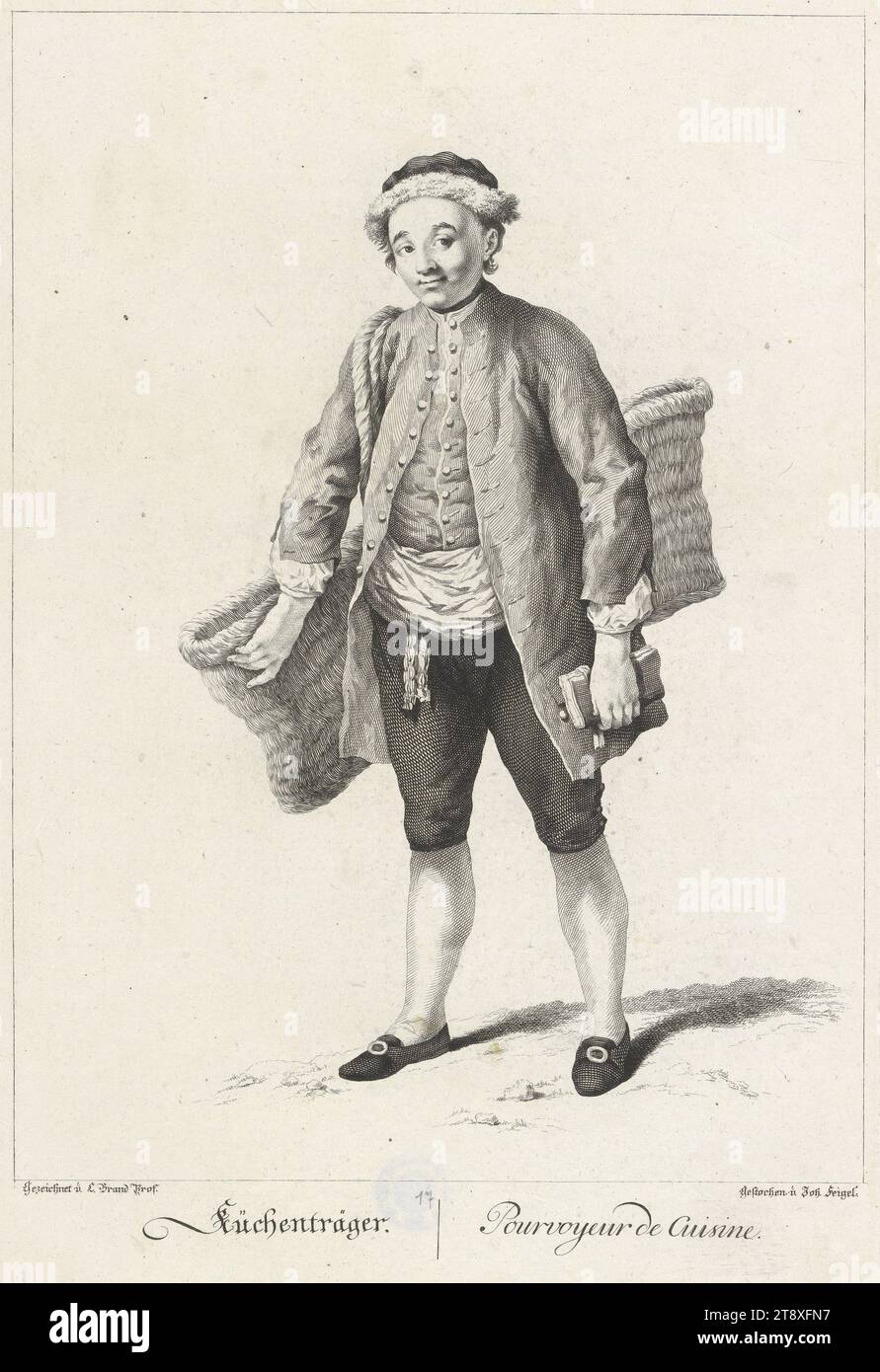 Drawings according to the common people especially The call to buy in Vienna': 'Kitchen porter., Pourvoyeur de Cuisine.', Johann Christian Brand (1722-1795), Artist, Johann Feigel, copper engraver, 1775, paper, copperplate engraving, sheet size 44, 3×31, 4 cm, plate size 36×24, 3 cm, Job Depictions, Eat and Drink, Services, Fine Arts, Stereotypes, man, The Vienna Collection Stock Photo