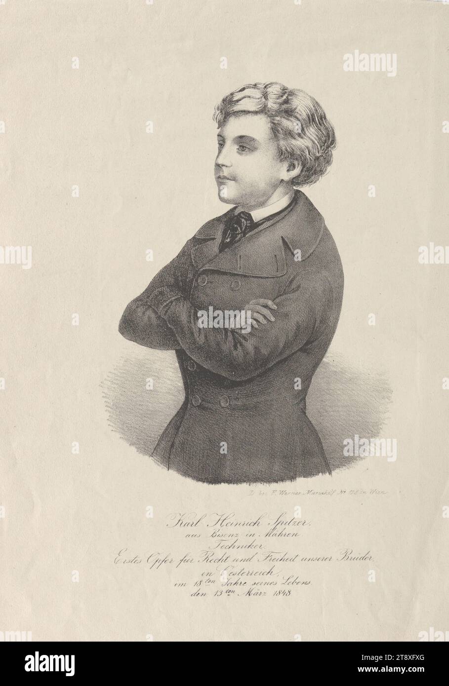 Karl Heinrich Spitzer, from Bisenz in Moravia, technician, first sacrifice for justice and freedom in Austria, in the 18th year of his life. the 13th of March 1848.', Franz Werner, publisher, 1848, paper, chalk-manner lithograph, height 37, 2 cm, width 27 cm, Fine Arts, Revolutions of 1848, 1849, portrait, man, The Vienna Collection Stock Photo