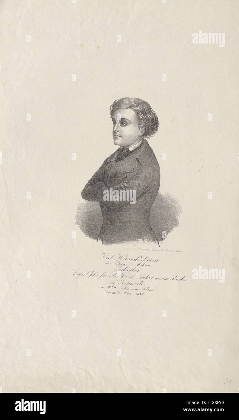 Karl Heinrich Spitzer, from Bisenz in Moravia, technician, first victim for justice and freedom in Austria, in the 18th year of his life, March 13, 1848', Franz Werner, publisher, 1848, paper, chalk-manner lithograph, height 45, 9 cm, width 29, 4 cm, Revolutions of 1848, 1849, Fine Arts, portrait, man, The Vienna Collection Stock Photo
