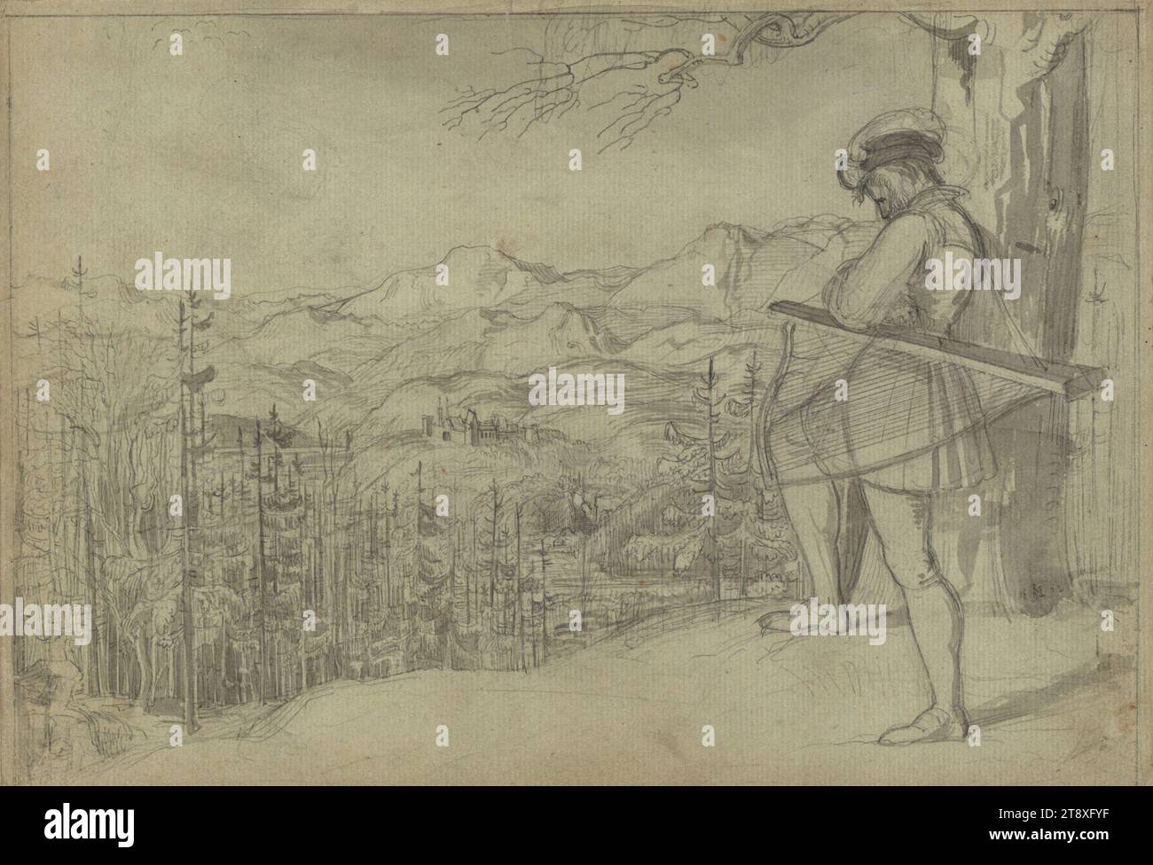 From the series 'Der Liedler': Homecoming of the Liedler. To the 9th stanza (draft of the ballad 'Der Liedler' by Josef Kenner), Moritz von Schwind (1804-1871), Artist, 1822, paperboard, pencil, ink wash, height×width 20, 8×30 cm, Fine Arts, arrival and return  traveling, harp, man, The Vienna Collection Stock Photo