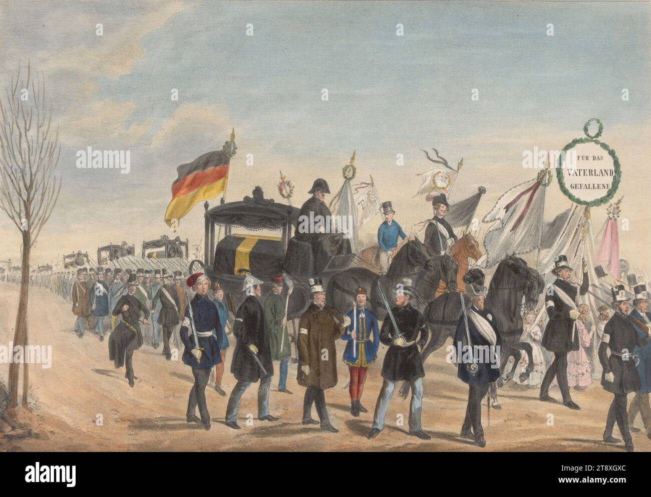 Funeral of the March Fallen on 17. March 1848 ('DIE EHRE DER TODTEN.'), Johann Lanzedelli, lithographer, Johann Höfelich (1796-1849), Printer, 1848, paper, colorised, chalk-manner lithograph, height 25, 6 cm, width 36, 1 cm, Fine Arts, Revolutions of 1848, 1849, Disease and Death, cortege, funeral procession, public funeral, The Vienna Collection Stock Photo