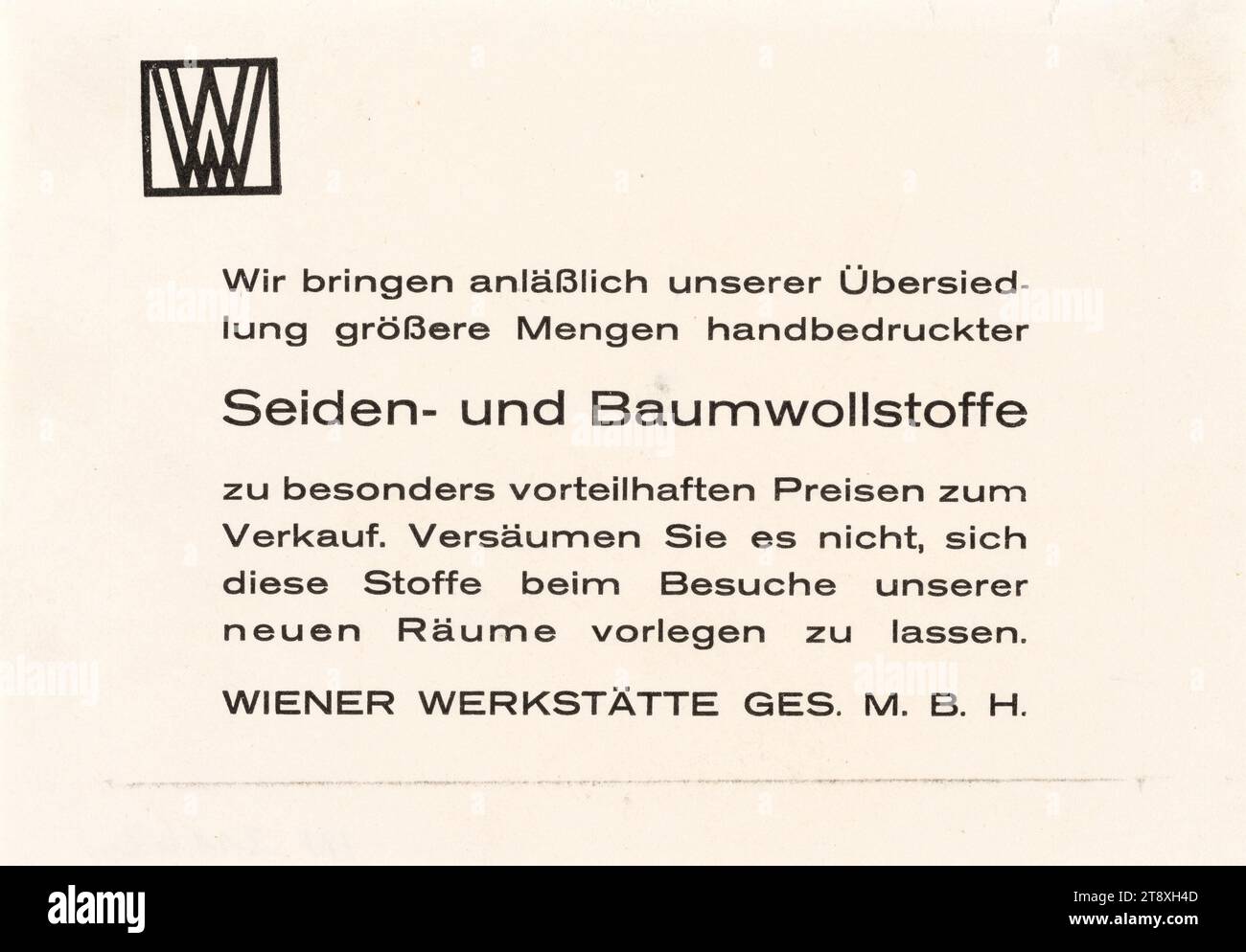 Wiener Werkstätte advertisement, Unknown, Date around 1930, paperboard, printing, height×width 9, 9×14, 1 cm, Vienna Workshop, Fine Arts, Vienna around 1900, The Vienna Collection Stock Photo