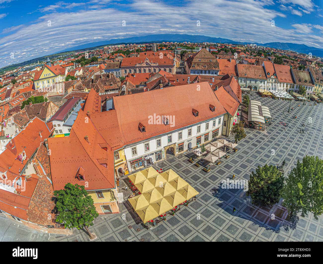 SIBIU,TRANSYLVANIA,ROMANIA-JULY 8,2020:Aerial view from the Council Tower over one part of the old city center.Founded by German settlers, the city wa Stock Photo