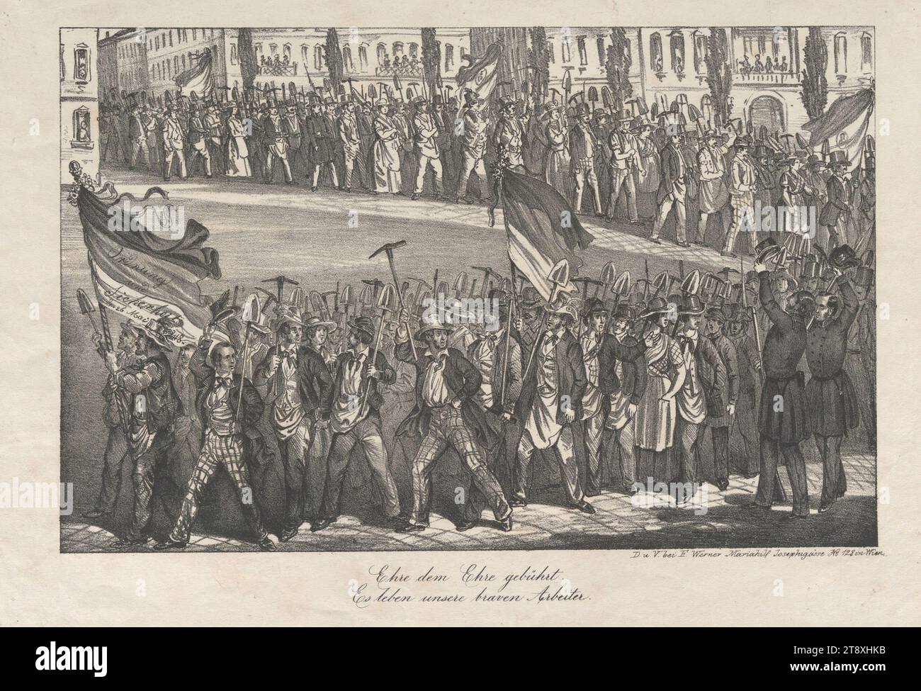Honor to whom honor is due, Long live our brave workers' (procession of workers to build barricades on May 26, 1848), Franz Werner, publisher, 1848, paper, chalk lithograph, height 31 cm, width 46 cm, fine art, workers, revolutions of 1848, 1849, obstacles in streets; barricades, flag, colors (as a symbol of the state, etc.), The Vienna Collection Stock Photo