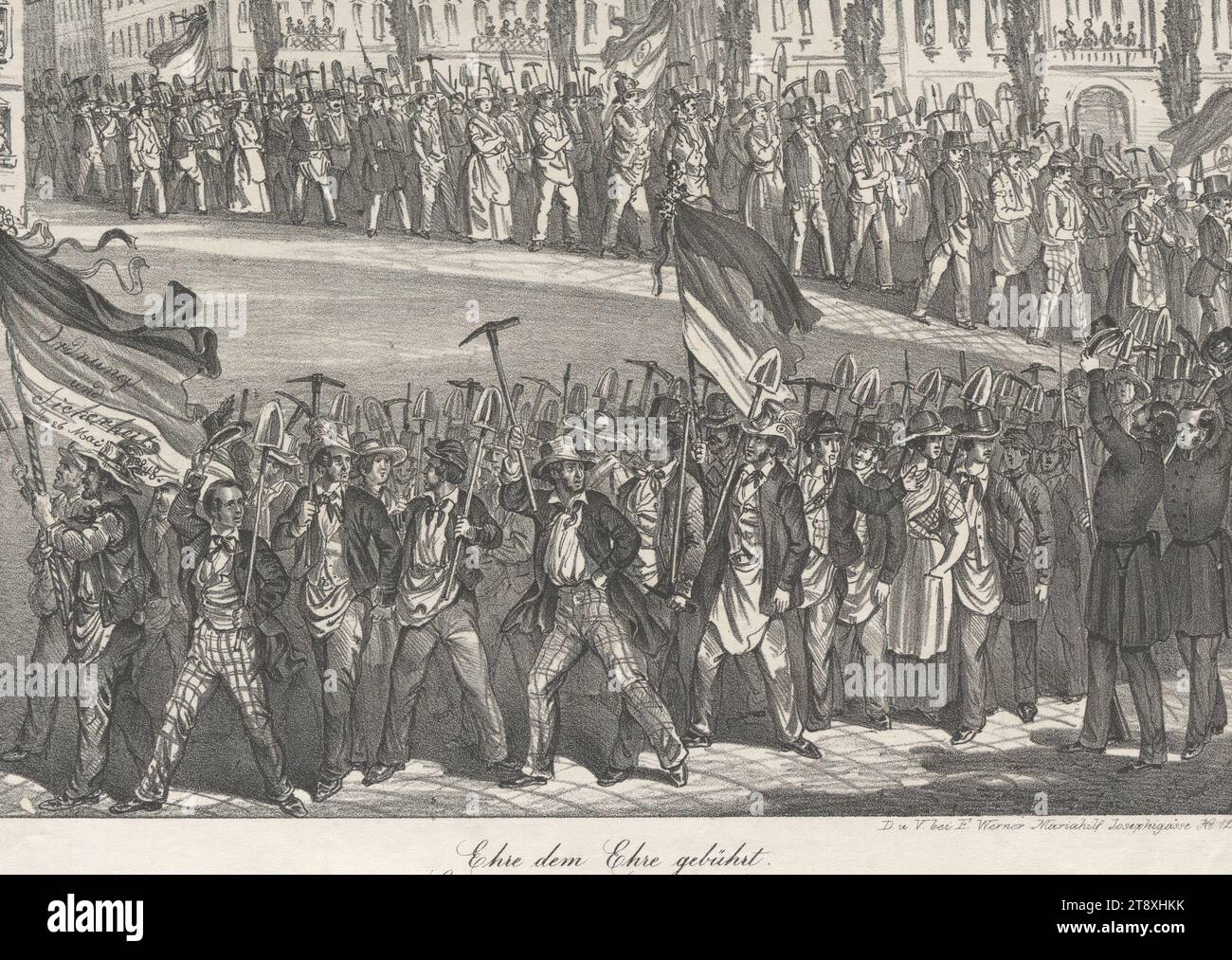 Honor to whom honor is due, Long live our brave workers.' (Procession of workers to build barricades on May 26, 1848), Franz Werner, publisher, 1848, paper, chalk lithograph, height 26.7 cm, width 38.1 cm, fine art, workers, revolutions of 1848, 1849, obstacles in streets; barricades, flag, colors (as a symbol of the state, etc.), The Vienna Collection Stock Photo