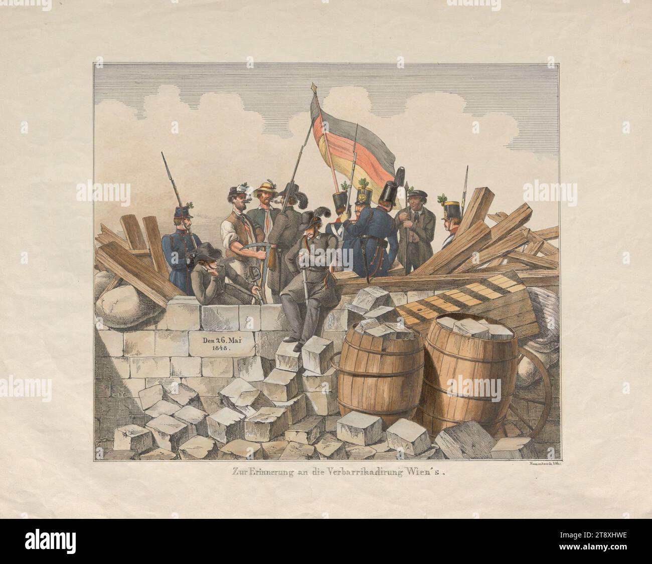 In memory of the barricading of Vienna.' (on May 26, 1848), Hummitzsch, lithograph, 1848, paper, colored, colored, pen and ink man lithograph, pen and ink man lithograph, height 41.4 cm, width 51.7 cm, Fine Arts, Revolutions of 1848, 1849, Obstacles in streets; barricades., The Vienna Collection Stock Photo