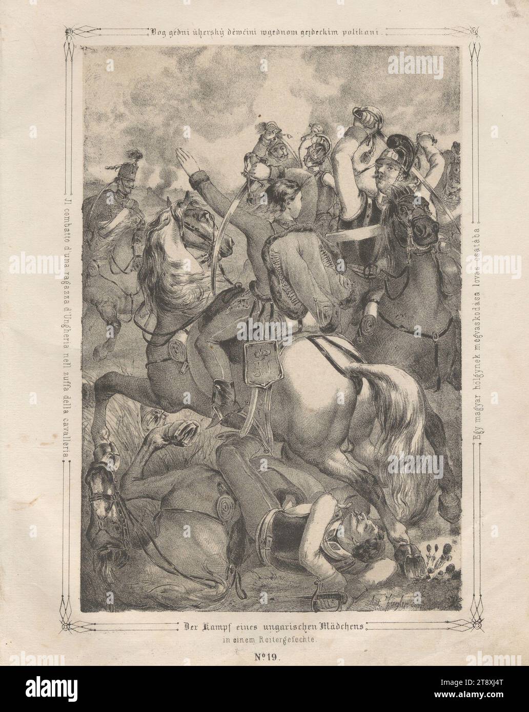 The struggle of a Hungarian girl, in an equestrian battle.' (1848, 49) (No. 19 from: 'Vaterländische Bilder-Chronik aus der Geschichte des österreichischen Kaiserstaates ...'), 1849, paper, chalk lithograph, height 27.9 cm, width 21.8 cm, military, fine arts, revolutions of 1848, 1849, battle, fighting in general, woman, riding on a horse, donkey or mule; horseman, horsewoman, the soldier; the soldier's life, The Vienna Collection Stock Photo