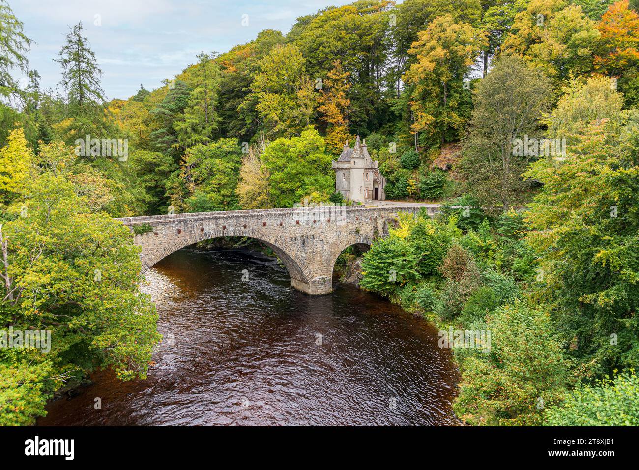 A lodge to Ballindalloch Castle beside the River Avon at Bridge of Avon, Speyside, Moray, Scotland UK Stock Photo