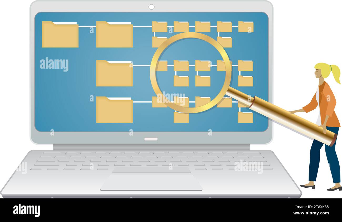 Woman with big magnifying glass trying to find in the file maps ...