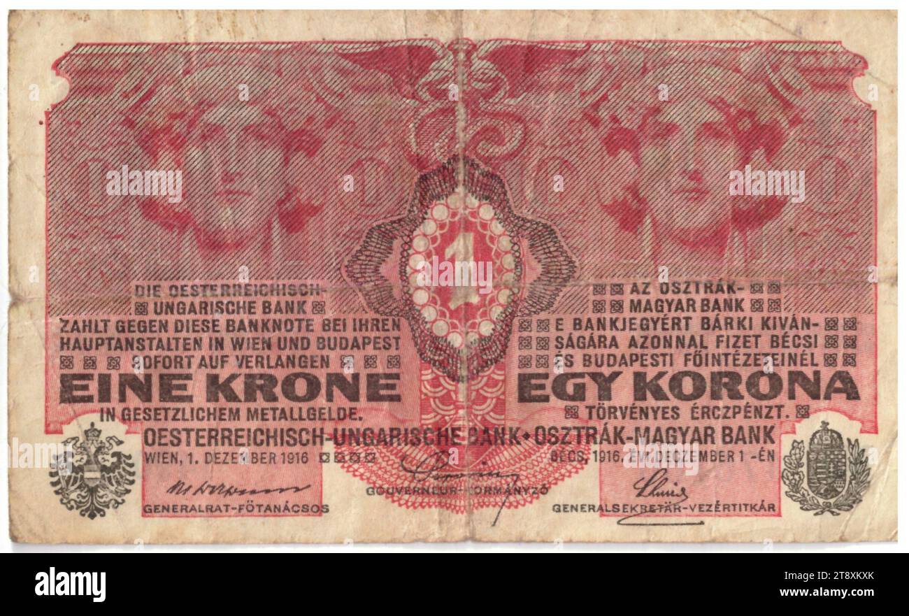 Banknote, 1 Crown, Alois Hans Schram (1864-1919), Artist, Rudolf Rössler (1864-1934), Artist, Rudolf Junk (1880-1943), Artist, Austro-Hungarian Bank, Minting Authority, 01.12.1916, Paper, Print, Width 112 mm, Height 67 mm, Mint, Vienna, Minting Area, Austria-Hungary, Empire, Kingdom (1804, 06-1918), World War I, Finances, Woman, Coat of Arms (as State Symbol etc.), Banknote, Money, The Vienna Collection Stock Photo