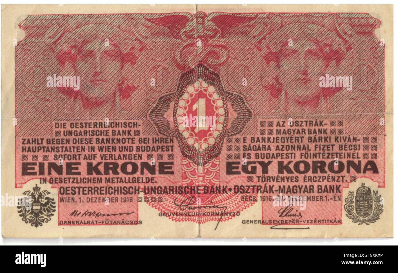 Banknote, 1 Crown, Alois Hans Schram (1864-1919), artist, Rudolf Rössler (1864-1934), artist, Rudolf Junk (1880-1943), artist, Austro-Hungarian Bank, Minting Authority, 01.12.1916, paper, print, width 111 mm, height 67 mm, Mint, Vienna, Minting Area, Austria-Hungary, Empire, Kingdom (1804, 06-1918), World War I, Finance, Coat of Arms (as state symbol, etc.), Woman, Banknote, Money, The Vienna Collection Stock Photo
