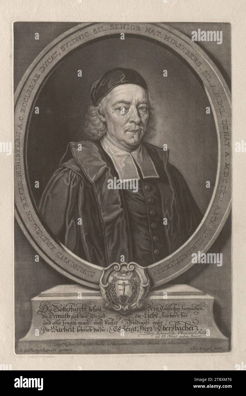 SIGISMUND EBERSBACH REVER. MINISTERII A. C. ECCLESIAE DUCAT, SUIDNIC. SIL. SENIOR NAT. HIRSHBERG. SIL. A. MDCL. DENAT. A. MDCCXII. AETA. LXIII. (...), Johann Christoph Weigel the Elder (1654-1725), mezzotint, date before 1725, paper, mezzotint, height 46.1 cm, width 32 cm, plate size 38.3×25 cm, fine arts, estate Constantin von Wurzbach, portrait, man, politician, The Vienna Collection Stock Photo