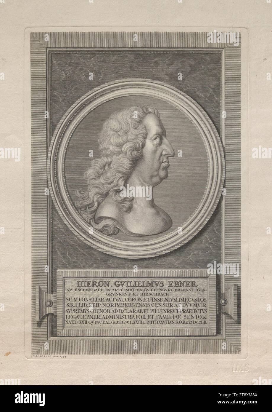 HIERON. GUILIELMUS EBNER AB ESCHENBACH IN ARTELSHOFEN. GUTTENBURG. ERLENSTEGEN. GRUNREUT ET HIRSCHBACH - S.C.M. CONSILIAR (...)', Unknown, 1744, paper, copperplate engraving, height 41.4 cm, width 30.1 cm, plate size 32.8×22.1 cm, Fine Arts, Estate of Constantin von Wurzbach, portrait, man, The Vienna Collection Stock Photo