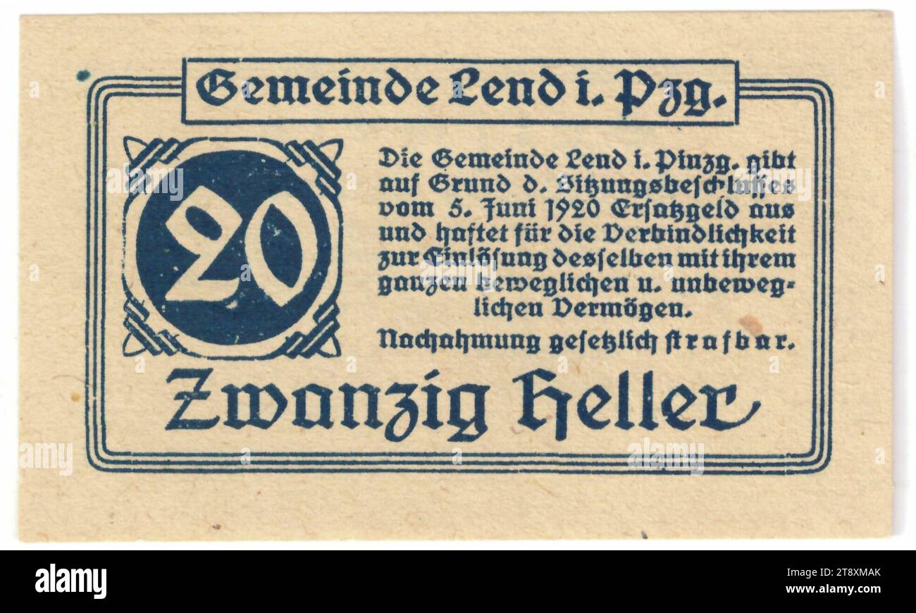 Voucher, 20 Heller, municipality Lend im Pinzgau (Salzburg), mint authority, 1.7.1920, paper, print, height×width 48×79 mm, mint area, Austria, 1st republic (1918-1933), finance, trade mark, private coin, The Vienna Collection Stock Photo