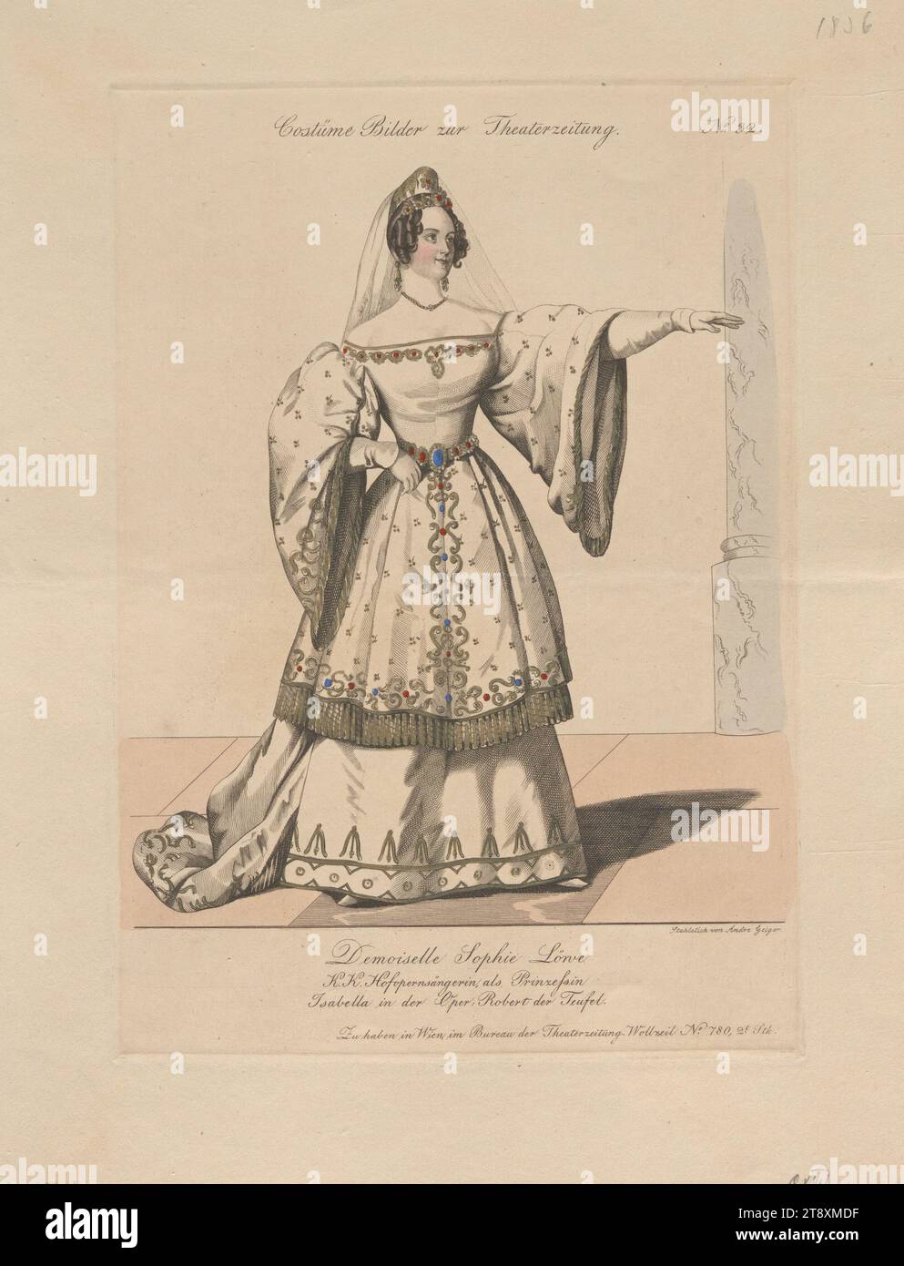 Demoiselle Sophie Löwe as Princess Isabella in the opera 'Robert the Devil' (costume picture No. 32 to the theater newspaper), Andreas Geiger (1765-1856), steel engraver, 1835, colored, steel engraving, sheet size 28.5×22.1 cm, plate size 22×15.8 cm, theater, performing arts, fine arts, actors (on stage), The Vienna Collection Stock Photo
