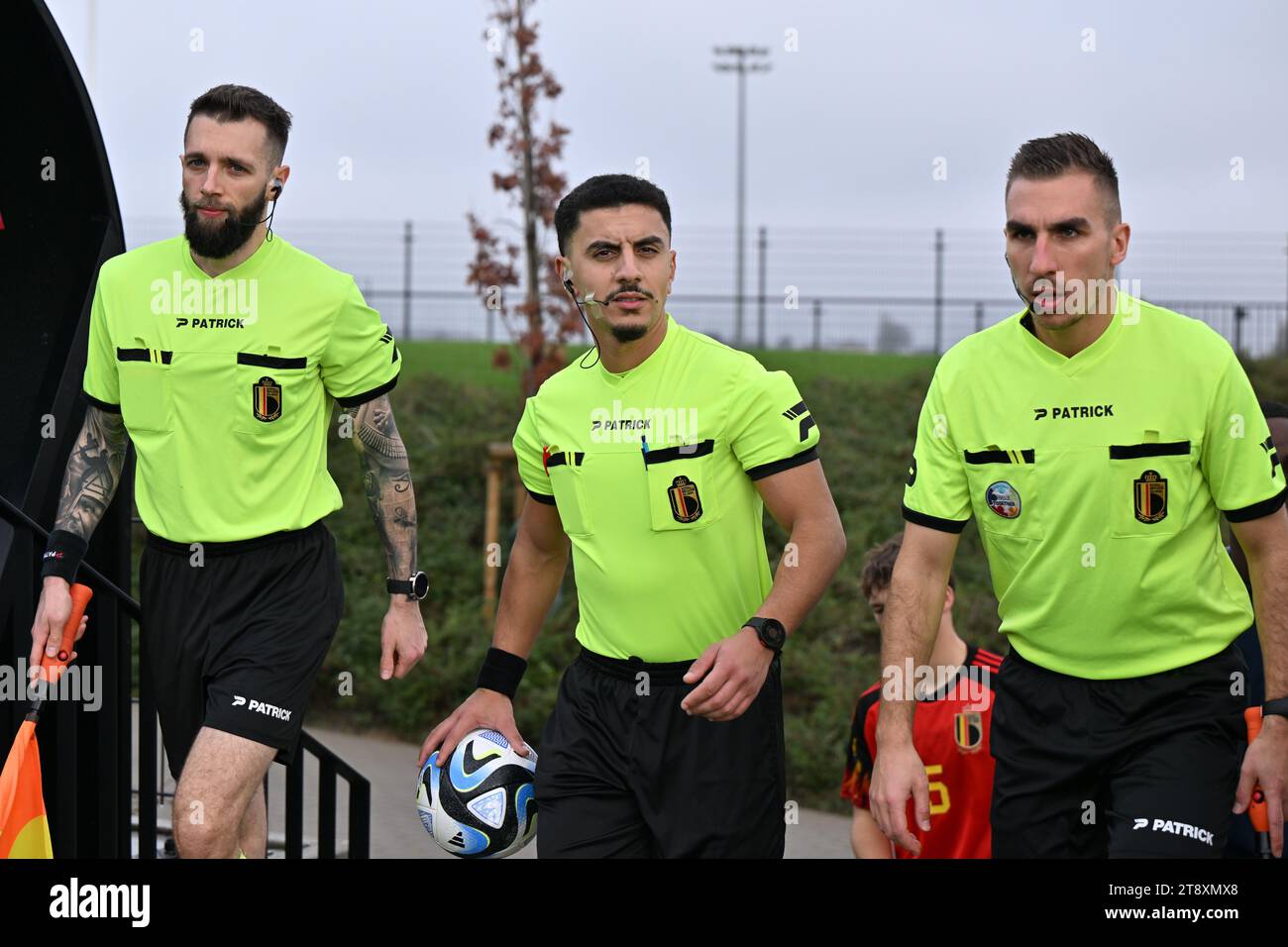 Tubize, Belgium. 21st Nov, 2023. Assistant referee Sylvian Talon, referee Ibrahim Afifi and Assistant referee Nicolas Picman pictured during a friendly soccer game between the national under 20 teams of Belgium and France on Tuesday 21 November 2023 in Tubize, Belgium . Credit: sportpix/Alamy Live News Stock Photo