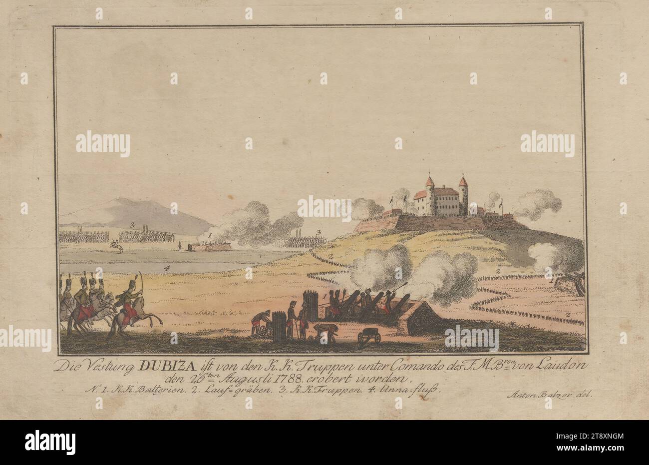 Conquest of the fortress Dubica by Field Marshal Laudon on August 26, 1788, 1788, paper, colored, copperplate engraving, height 19, 3 cm, width 27, 8 cm, plate size 16, 4×24, 1 cm, war and war events, military, fine arts, battle, fighting in general, the soldier; the soldier's life, The Vienna Collection Stock Photo