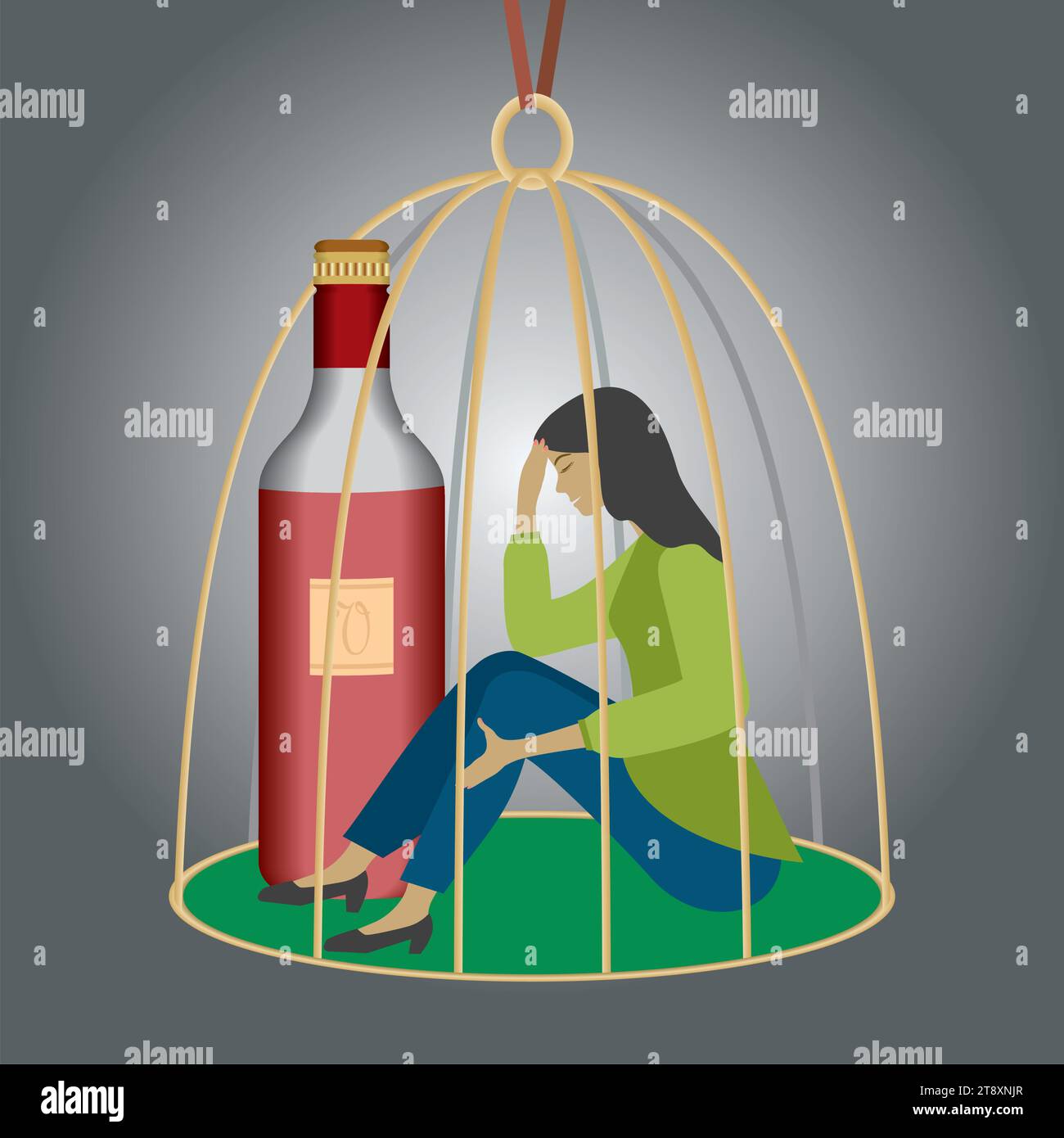 Sad woman trapped in birdcage with a bottle of red wine. Square composition. Vector illustration. Stock Vector