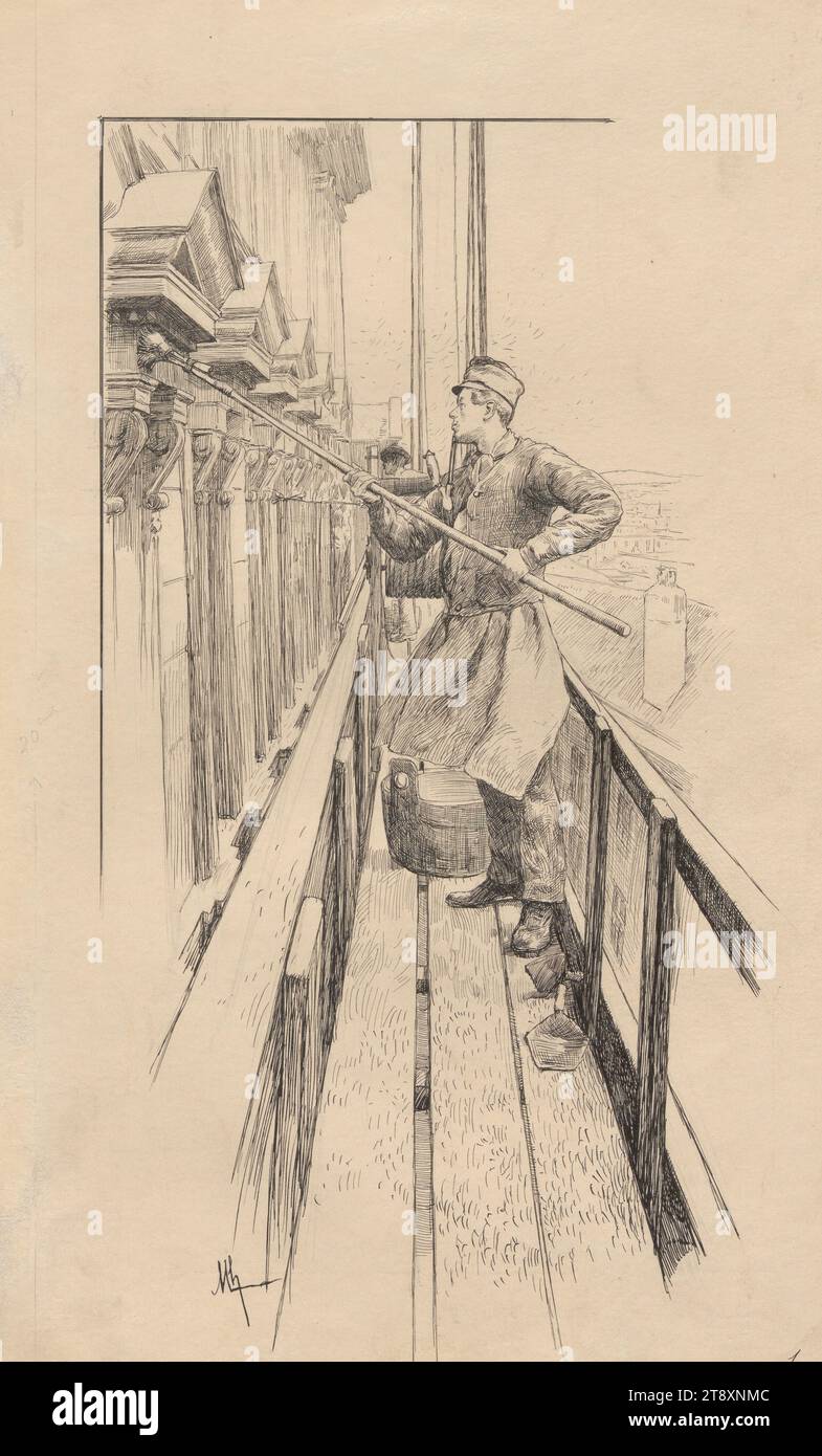 Painter', Felician von Myrbach-Rheinfeld (1853-1940), artist, 1895, paper, pen and ink drawing, height 33.8 cm, width 20.9 cm, occupational depictions, craft, man, facade (of house or building), professional clothing, The Vienna Collection Stock Photo