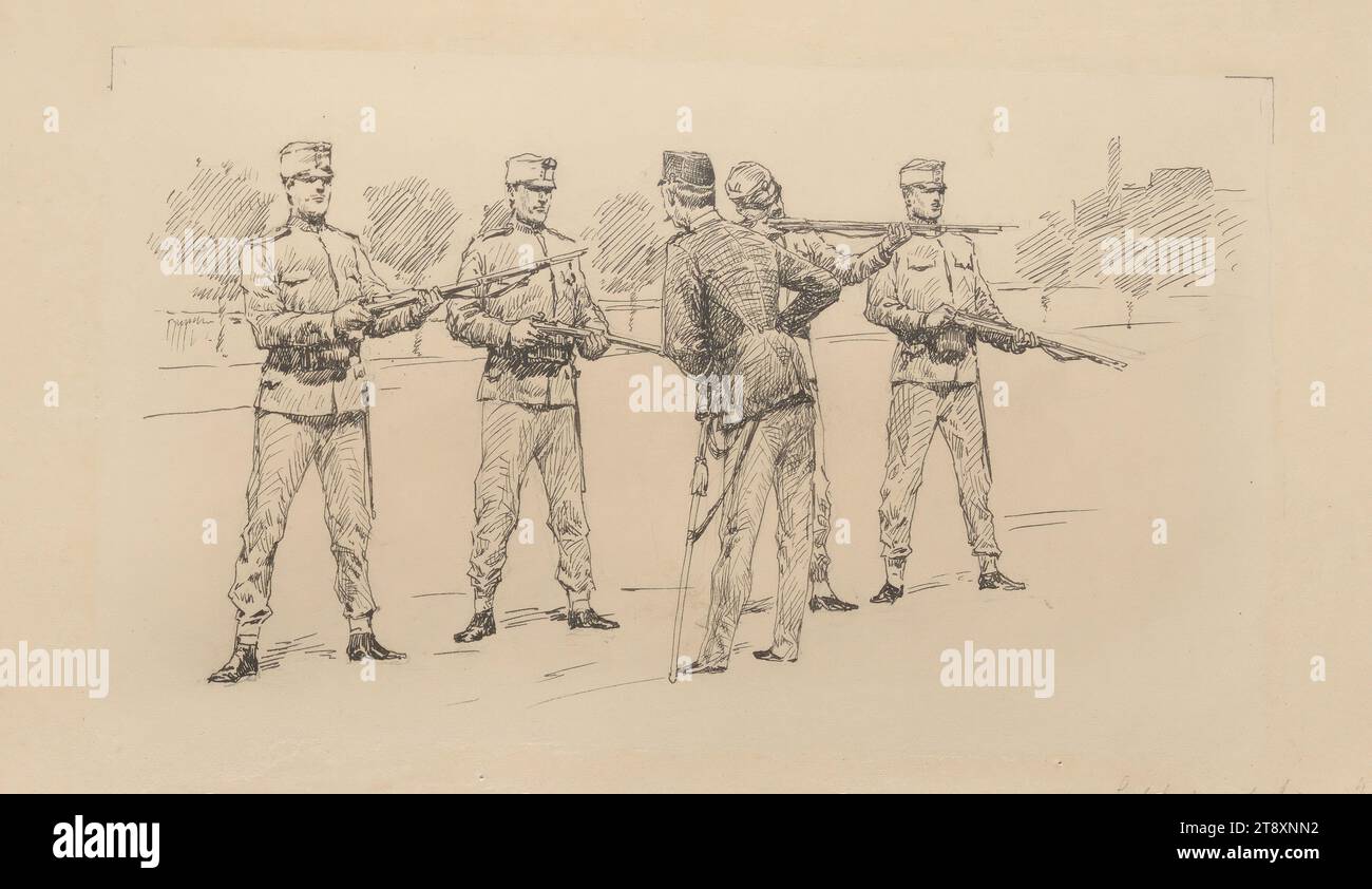 Anschlag-Uebungen', Felician von Myrbach-Rheinfeld (1853-1940), artist, 1895, cardboard, pen in black, height 15.8 cm, width 24.9 cm, military, the soldier; the life of the soldier, The Vienna Collection Stock Photo
