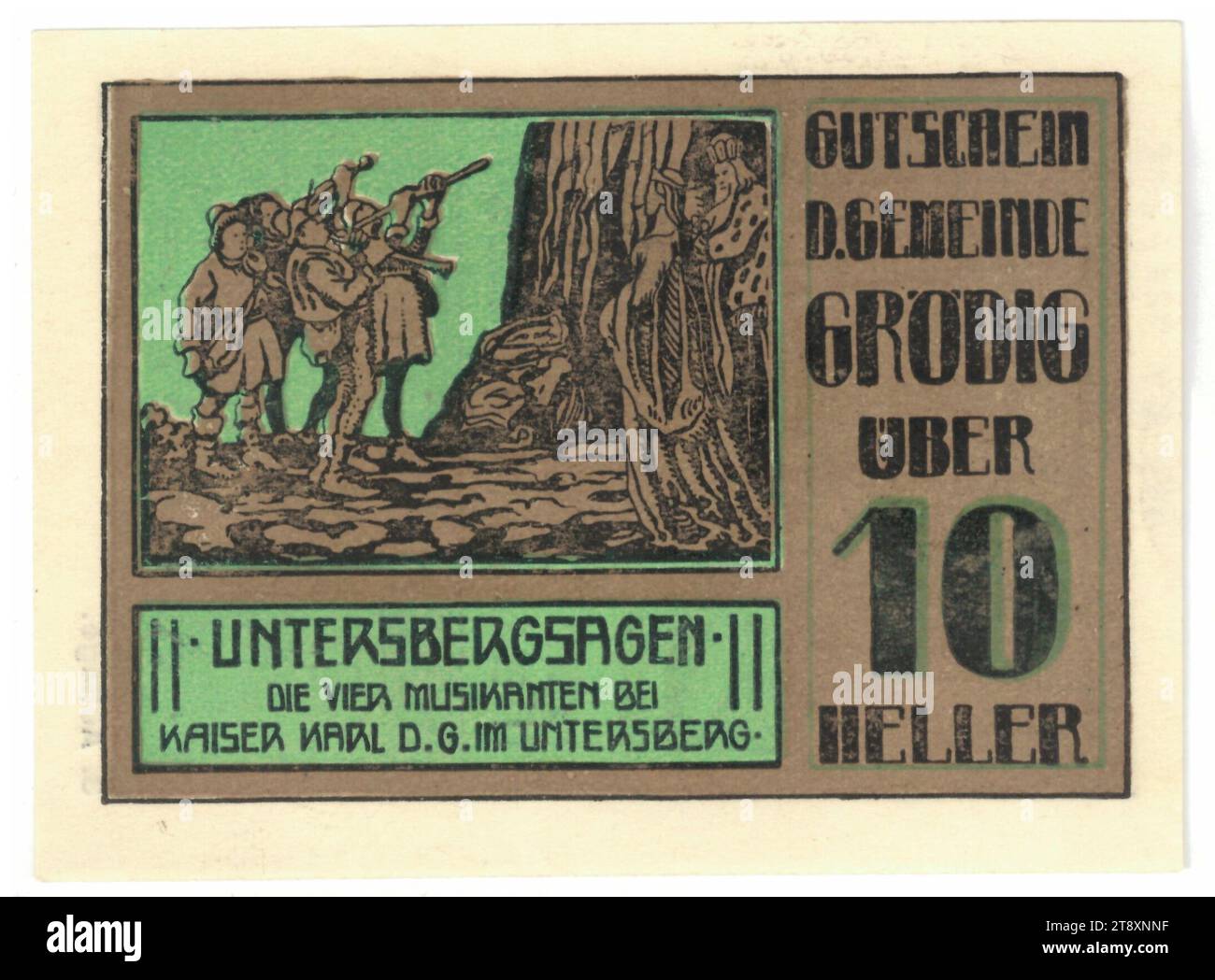 Voucher, 10 Heller, Municipality of Grödig (Salzburg), Mint Authority, Date before 31.12.1920, Paper, Print, Height 65 mm, Width 88 mm, Mint Area, Austria, 1st Republic (1918-1933), Finance, Trade Mark, Private Coin, Making Music; Musician with Instrument, The Vienna Collection Stock Photo