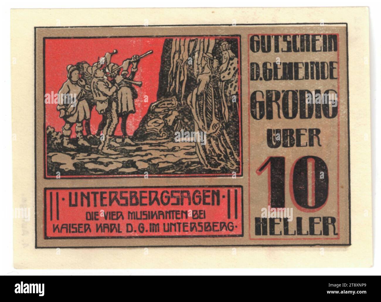 Voucher, 10 Heller, Municipality of Grödig (Salzburg), Mint Authority, Date before 12, 31, 1920, Paper, Printing, Height 65 mm, Width 89 mm, Mint Area, Austria, 1st Republic (1918-1933), Finance, Trading Stamp, Private Coin, Playing Music; Musician with Instrument, The Vienna Collection Stock Photo
